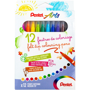 Pentel Arts Felt Tip Colouring Pens - Washable Ink - Pack of 12