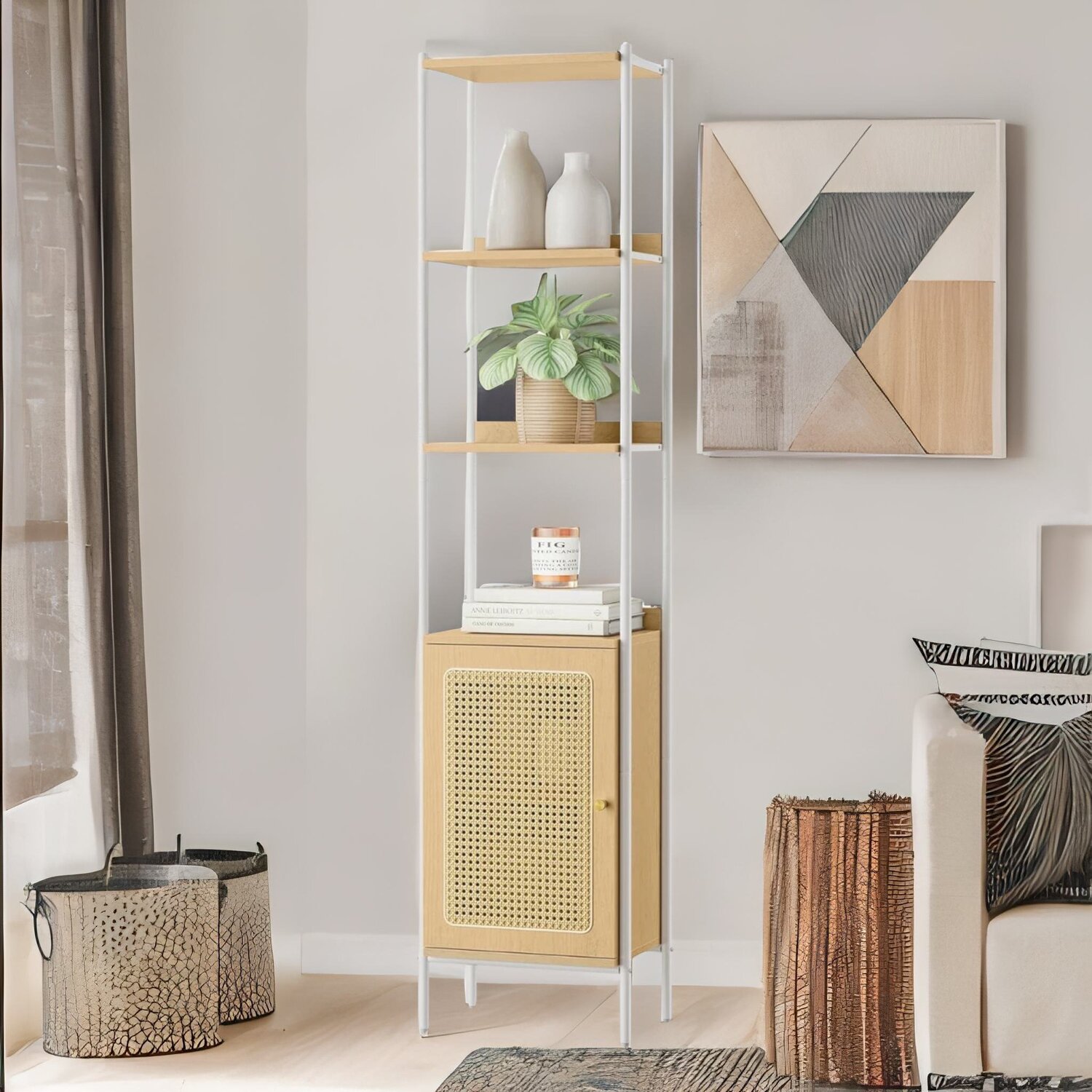 Rattan-like Narrow Bookcase Storage Cabinet With 2 Open Adjustable Shelves - Beige