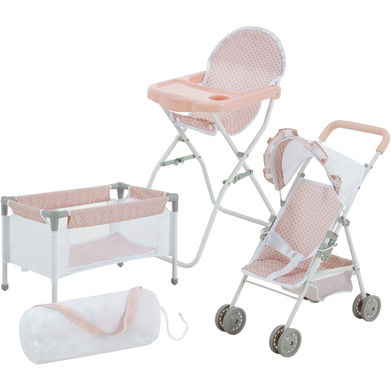 3 in 1 Doll Accessory Nursery Set Crib, High Chair and Stroller