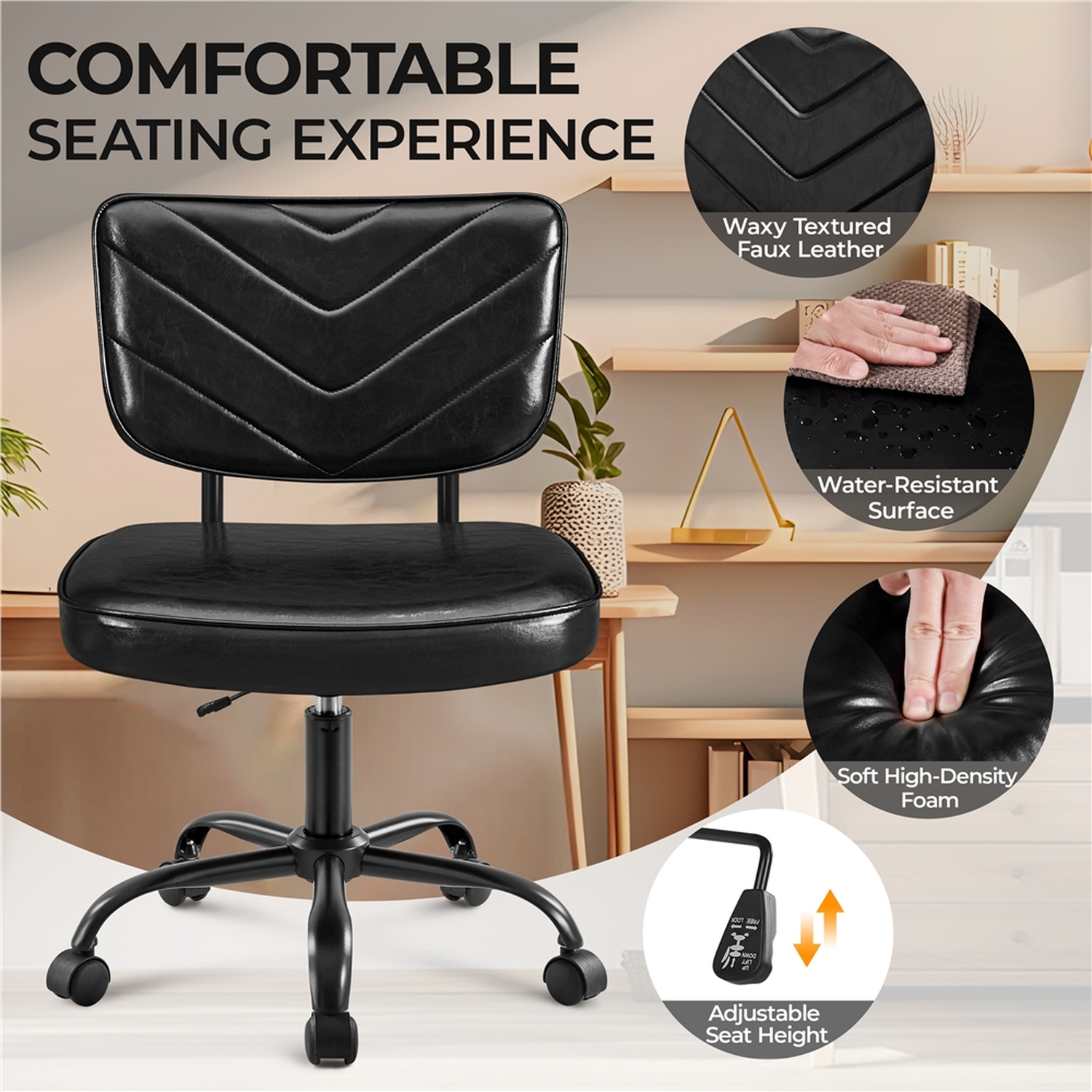 Faux Leather Armless Home Office Chair With Wheels - Black