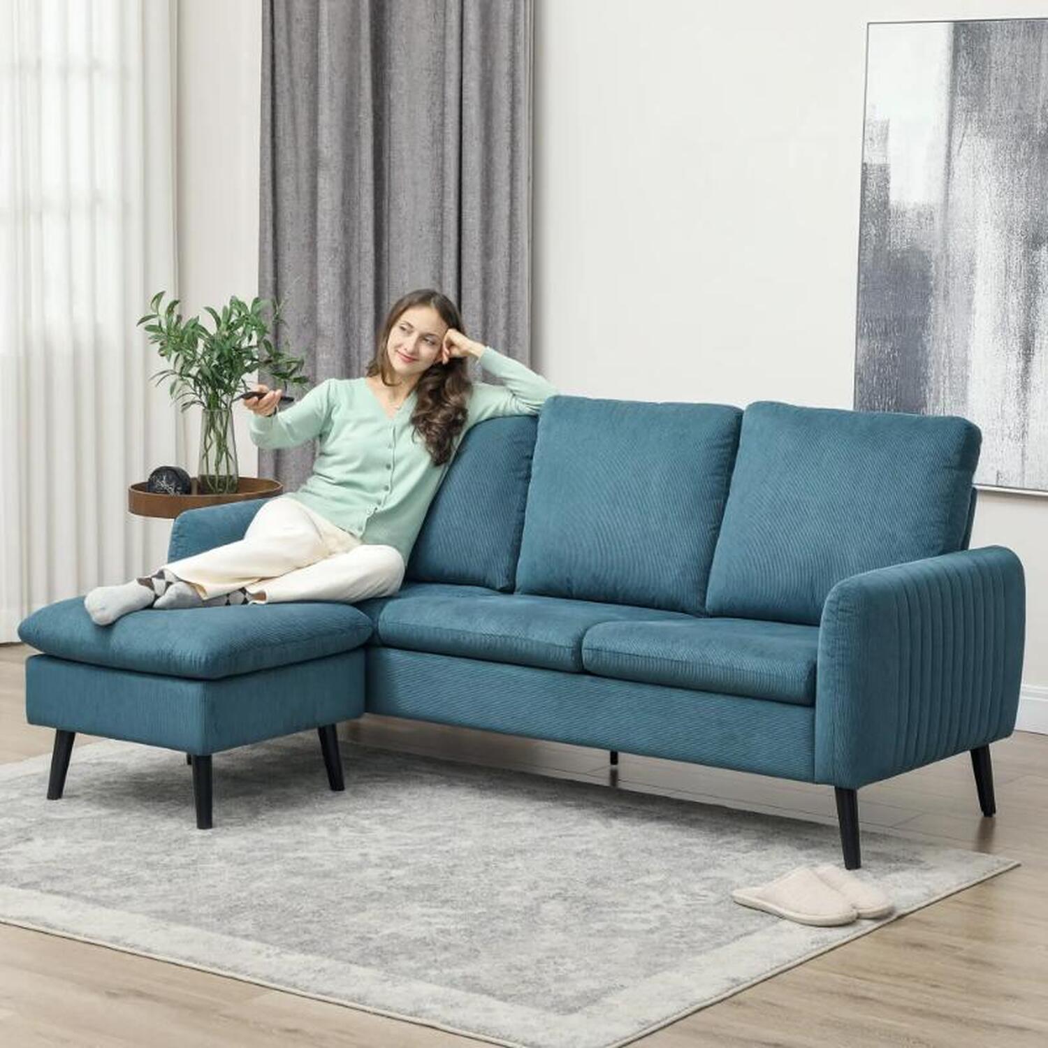 Corner Sofa With Reversible Chaise Lounge - Blue