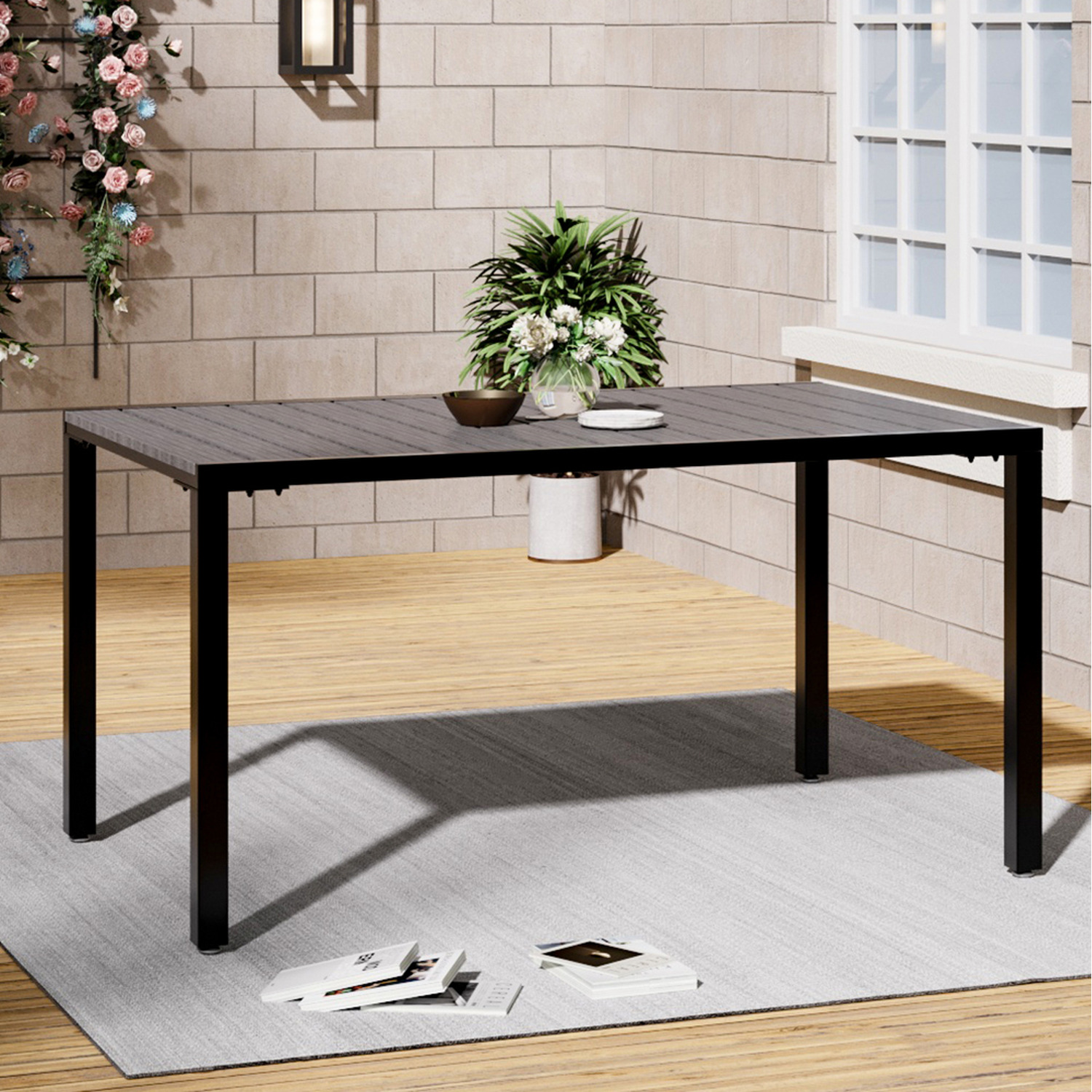 Livingandhome Wood Effect Garden Dining Table With Parasol Hole And Hole Cover - Grey