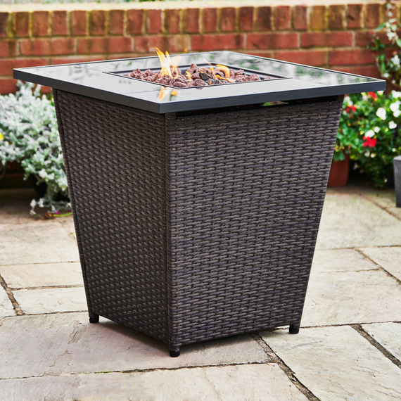 Large Outdoor Tall Square Rattan Gas Fire Pit Table with Lava Rocks
