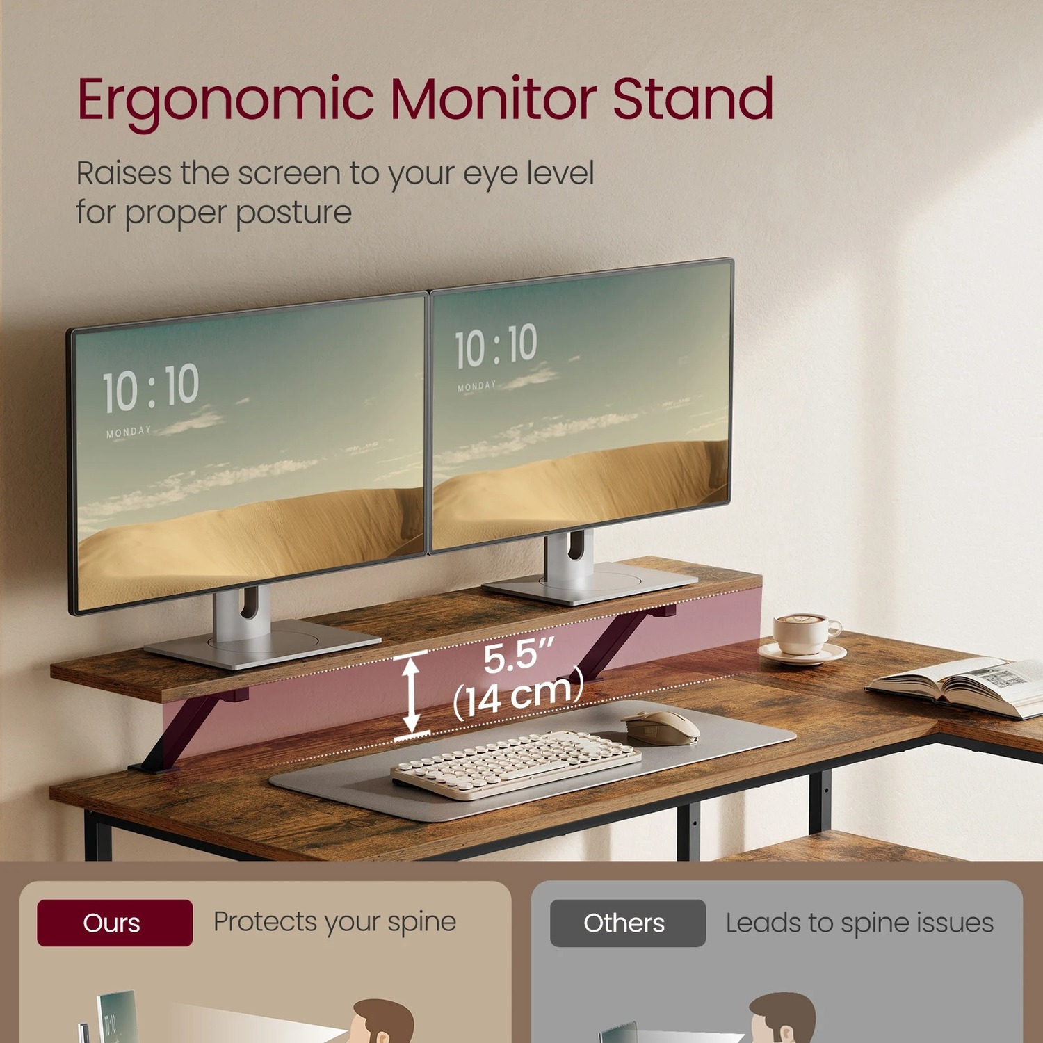 Corner Desk With Drawers And Monitor Stand - Brown 115cm