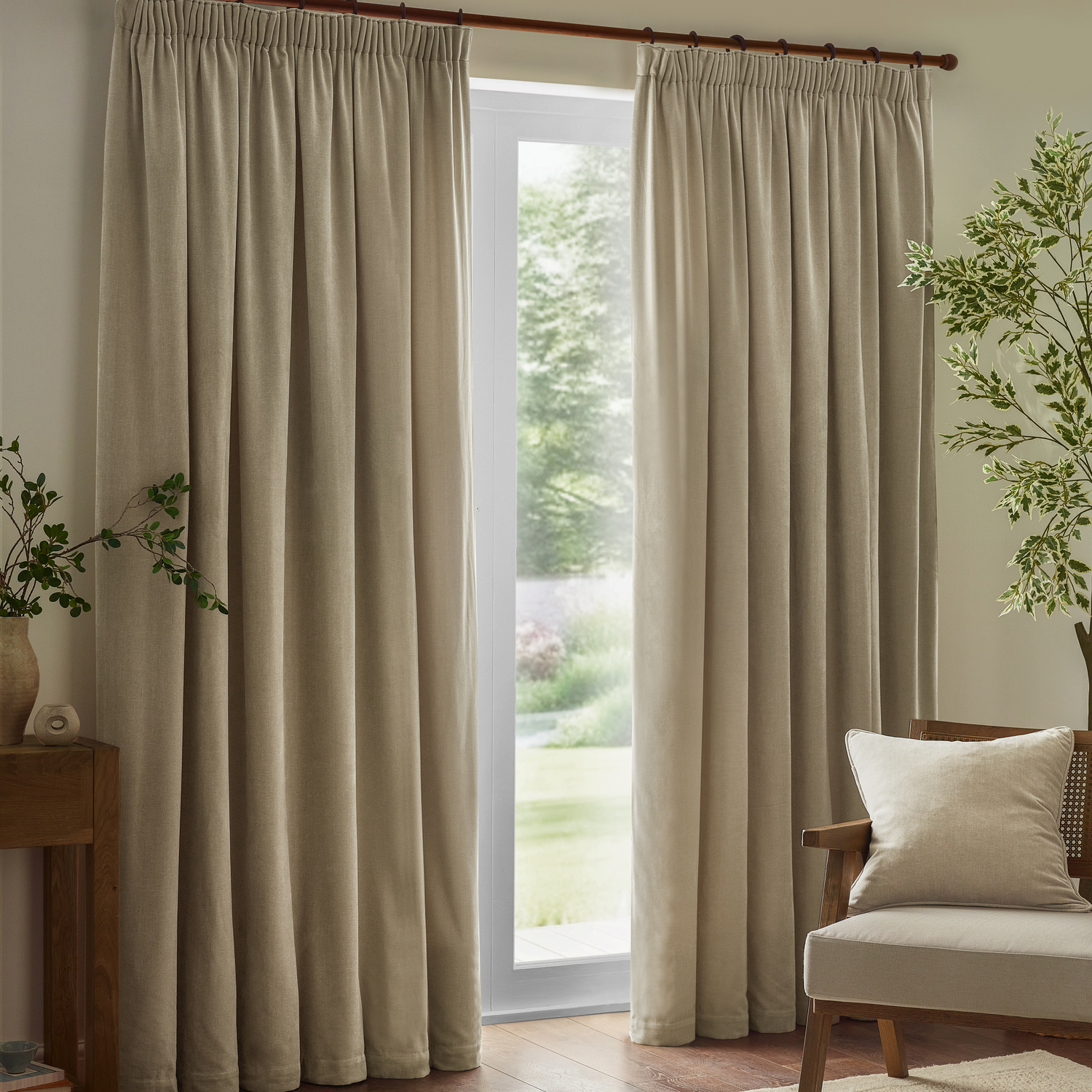 Heavy Chenille Velvet Room Darkening Pencil Pleat Curtains - Linen / 183cm / 229cm
