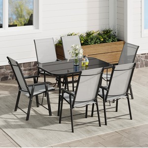 Rectangular Tempered Glass Garden Table with Six Foldable Chairs