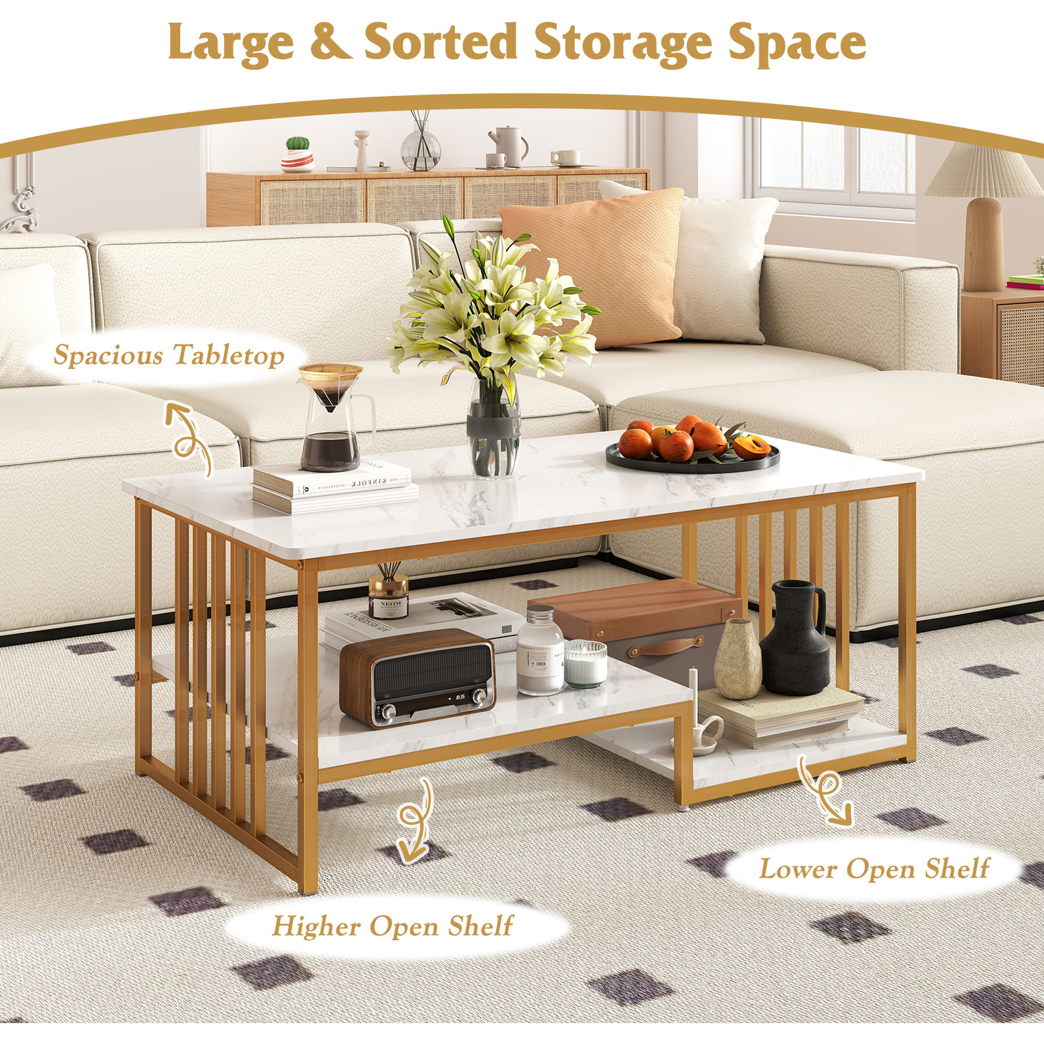 Faux Marble Coffee Table With Open Shelf - White