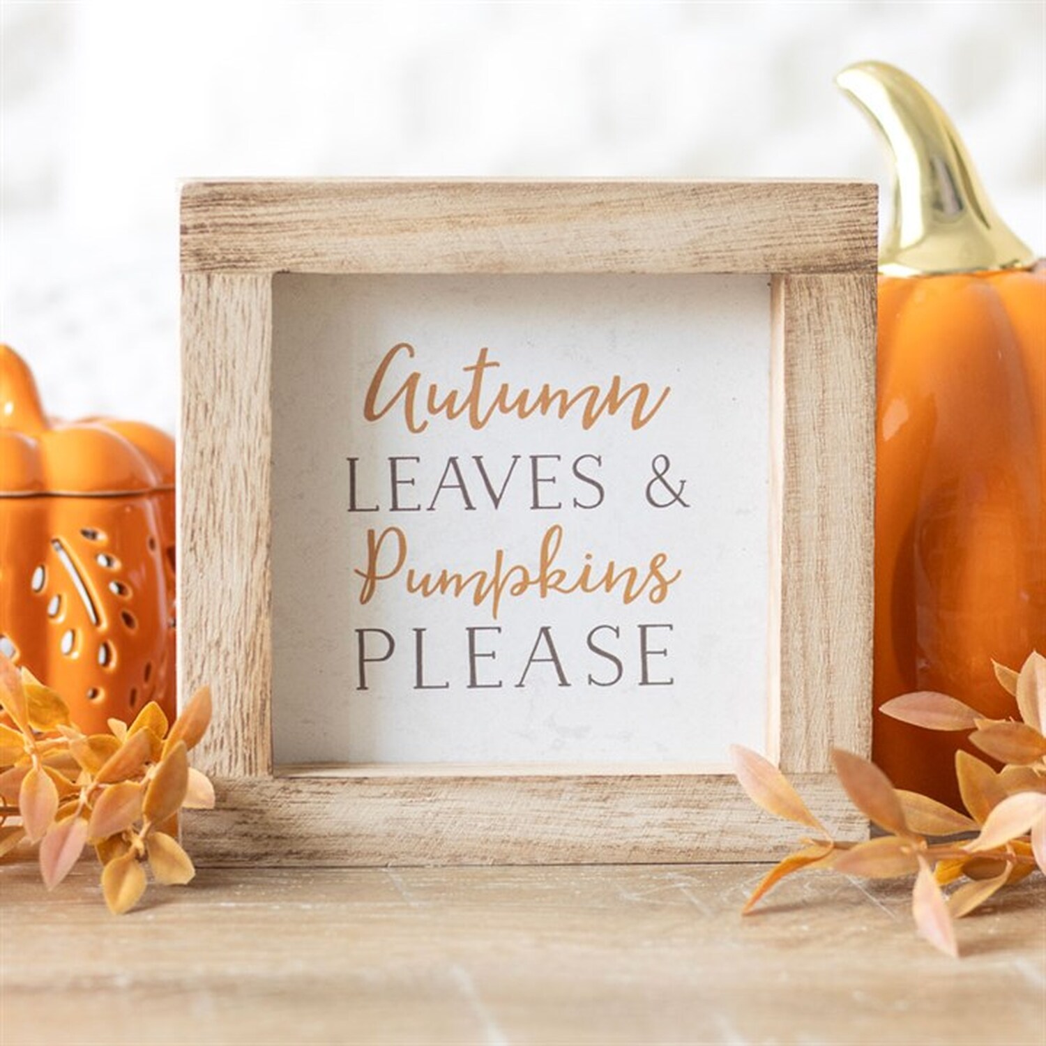 Autumn Leaves Pumpkins Please Wooden Frame Sign - Brown
