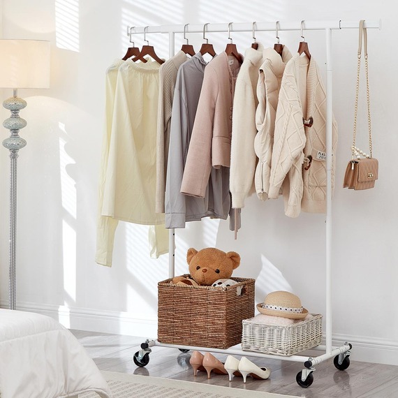Heavy Duty White Clothes Rail Adjustable 92-132cm with Shelf