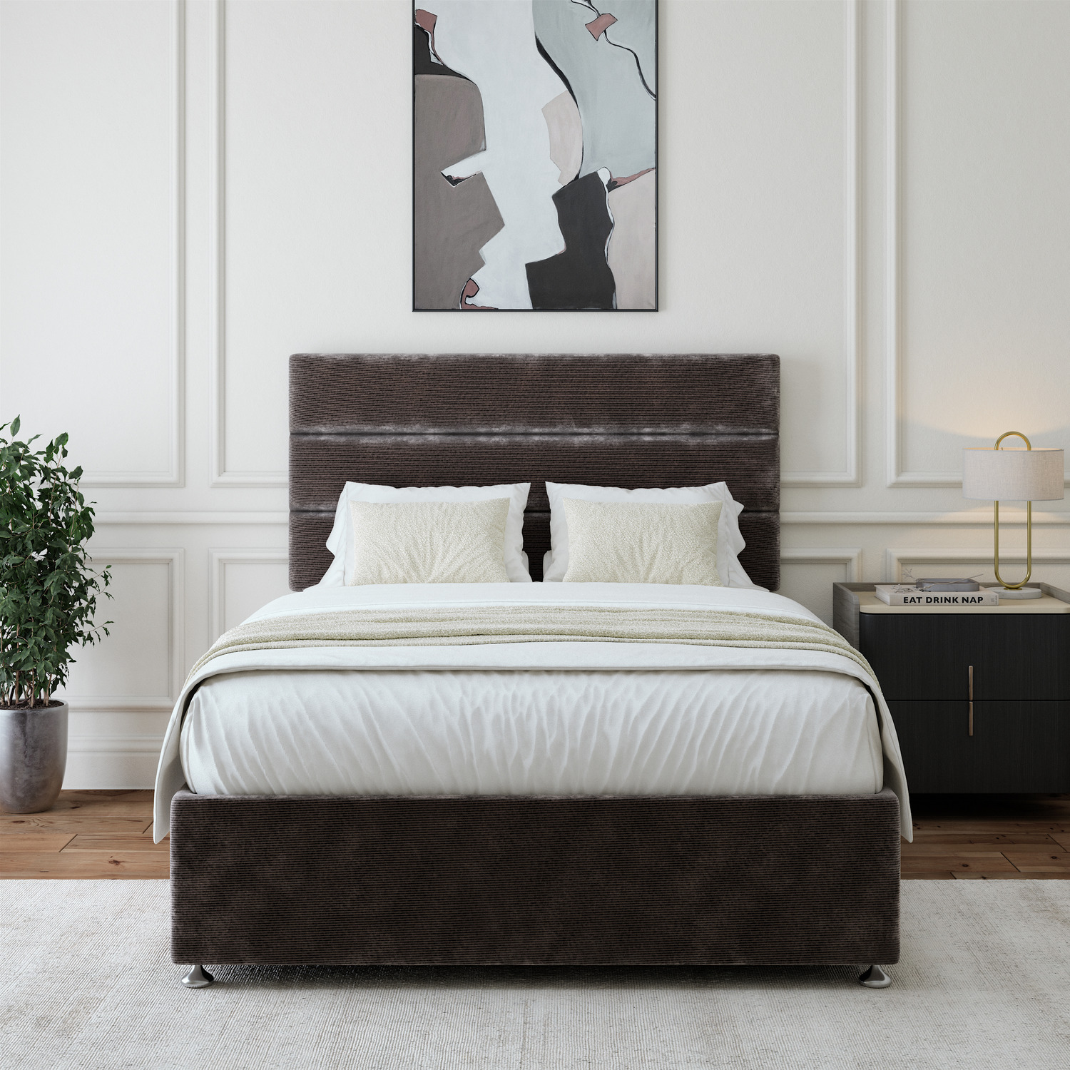 Chenille Divan Base With Storage And Lined Headboard - Colour Options - Charcoal Grey Double 50kg