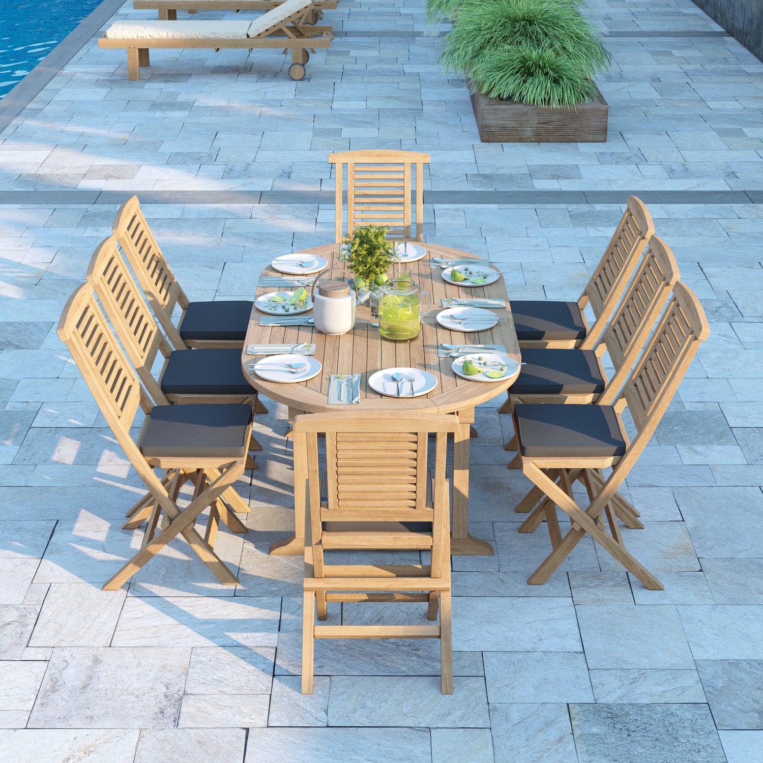 Marseille Teak Garden Dining Table And 8 Seat Chair Set - Teak Table 8 Chairs Black Cushions
