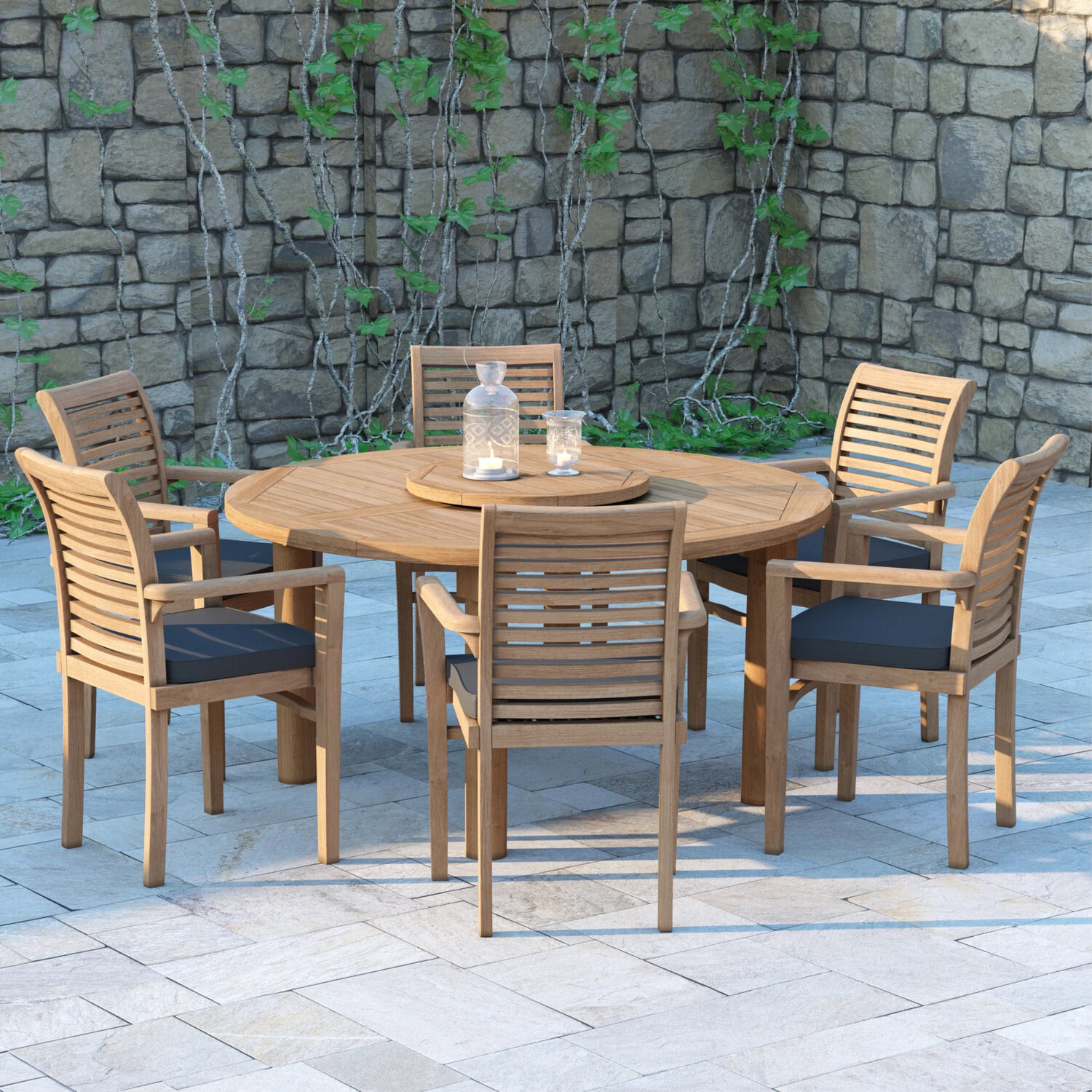 Venlo Teak Garden Dining Table And 6 Seat Chair Set - Teak Table 6 Chairs Green Cushions