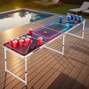 Beer Pong Table - Aluminium, LED Lighting, 100 Cups, 6 Balls