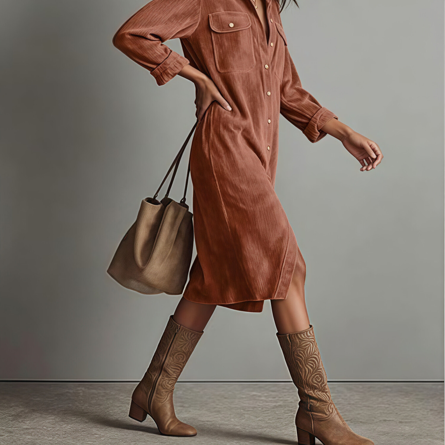 Women Casual Shirt Dress Long Sleeve Button Down Midi Dress
