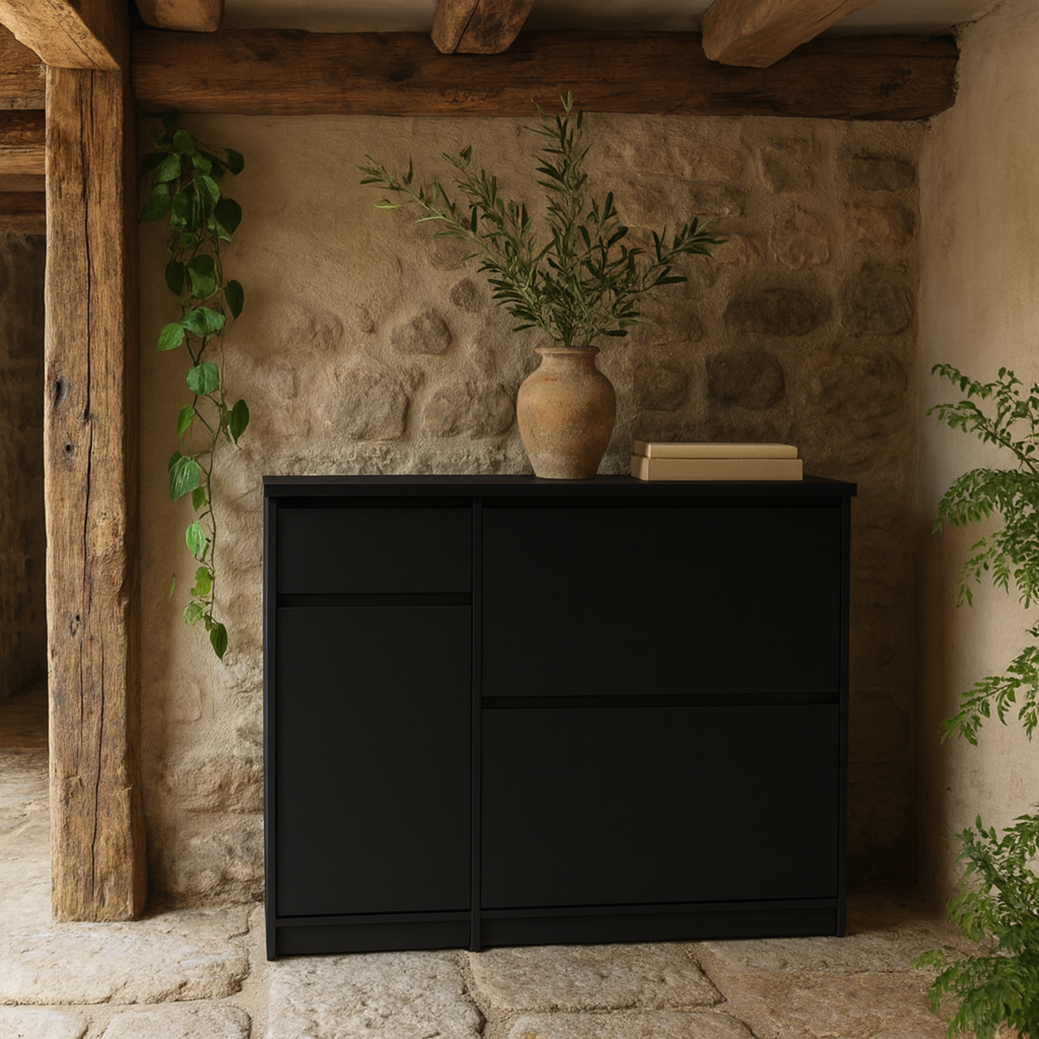 Wyld Haus Budapest Matt Black Shoe Cabinet 3 Doors 1 Drawer - Black