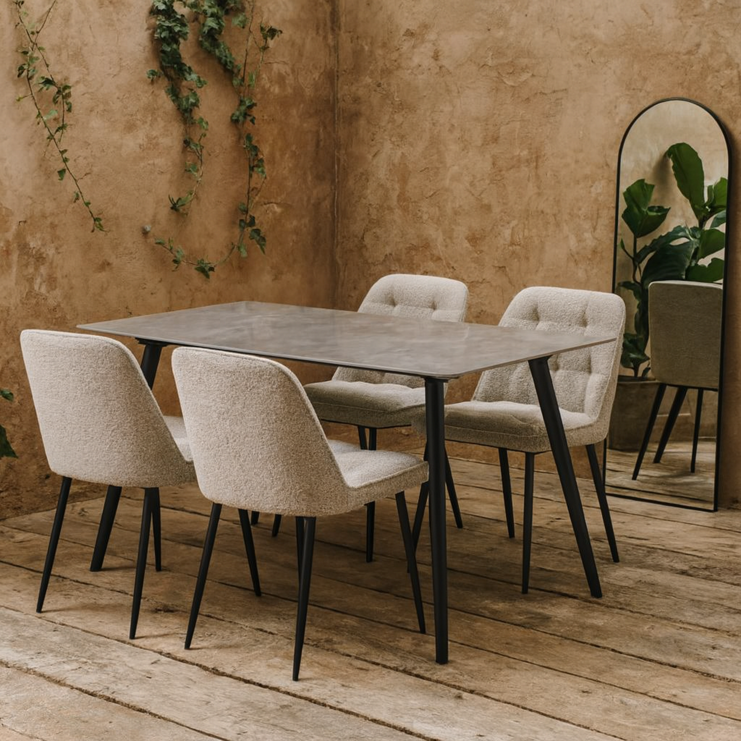 Wyld Haus Belfast Grey Ceramic 4-Seater Dining Set with Taupe Fabric Chairs - Grey