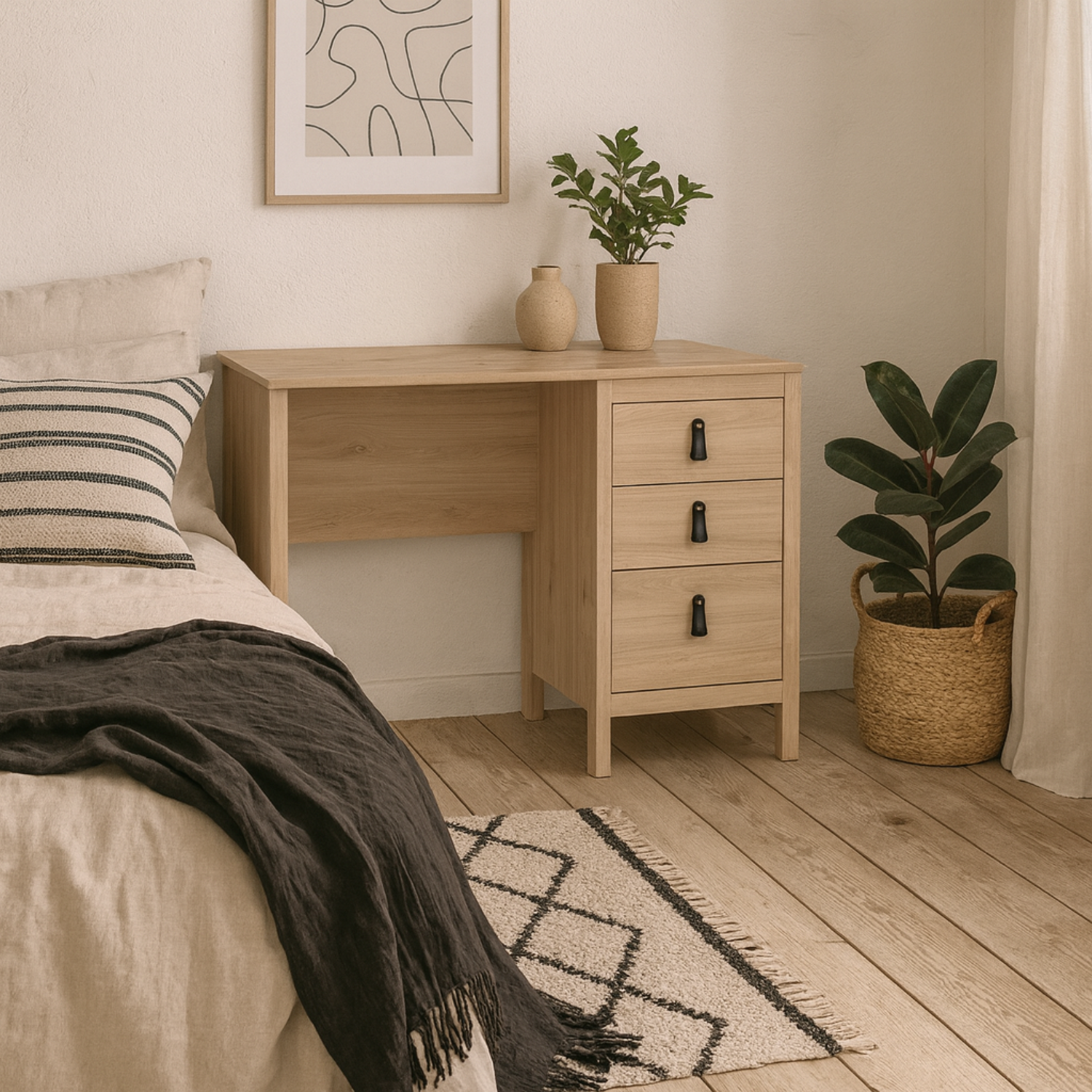 Wyld Haus Wildberry Natural Oak Desk with 3 Drawers and Leather Strap Handles - Natural Oak