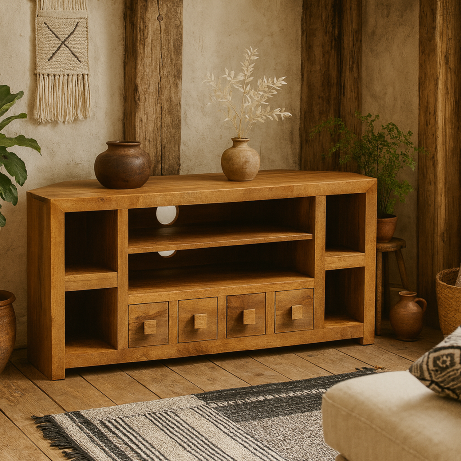 Manila Light Mango Wood Corner TV Unit - Brown