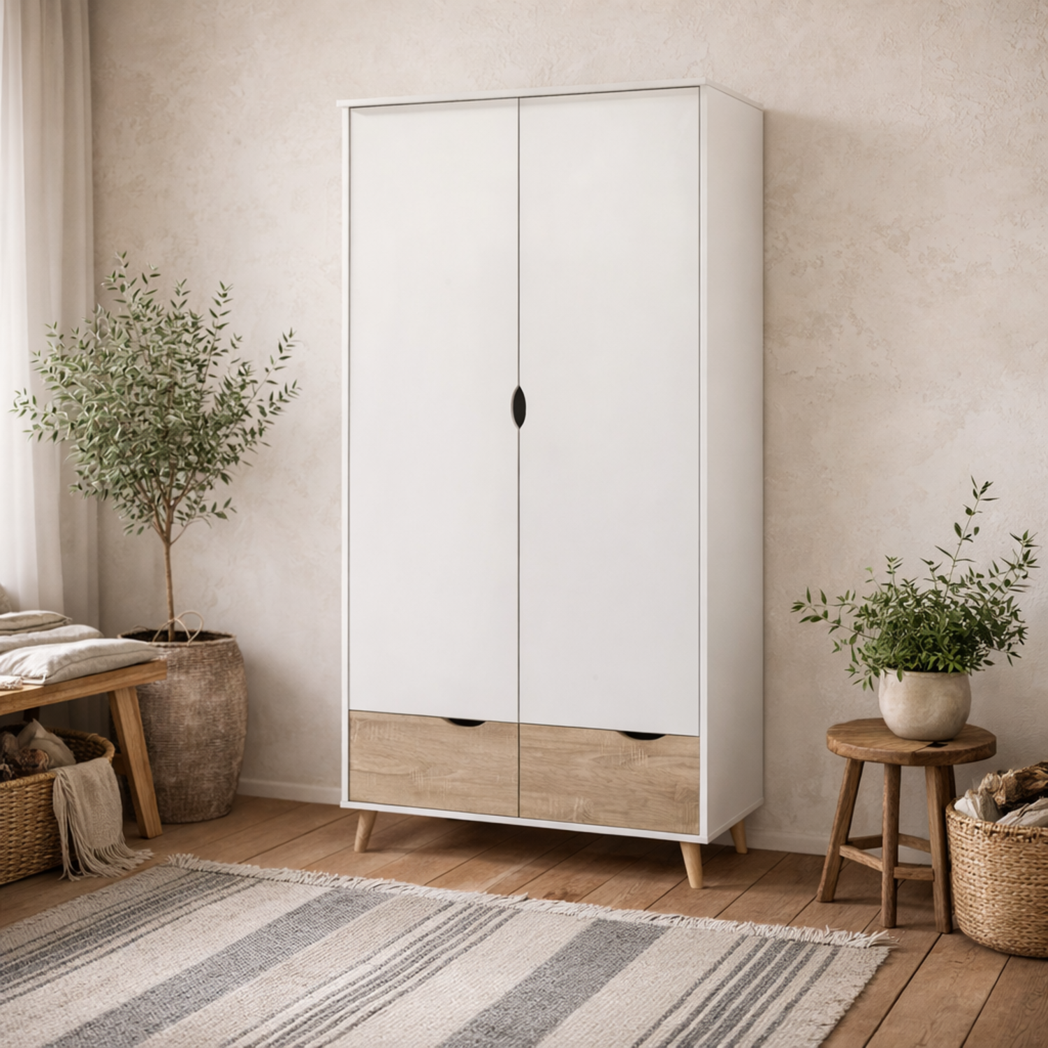 Skerries 2-Door Wardrobe Matt White with Natural Oak - White