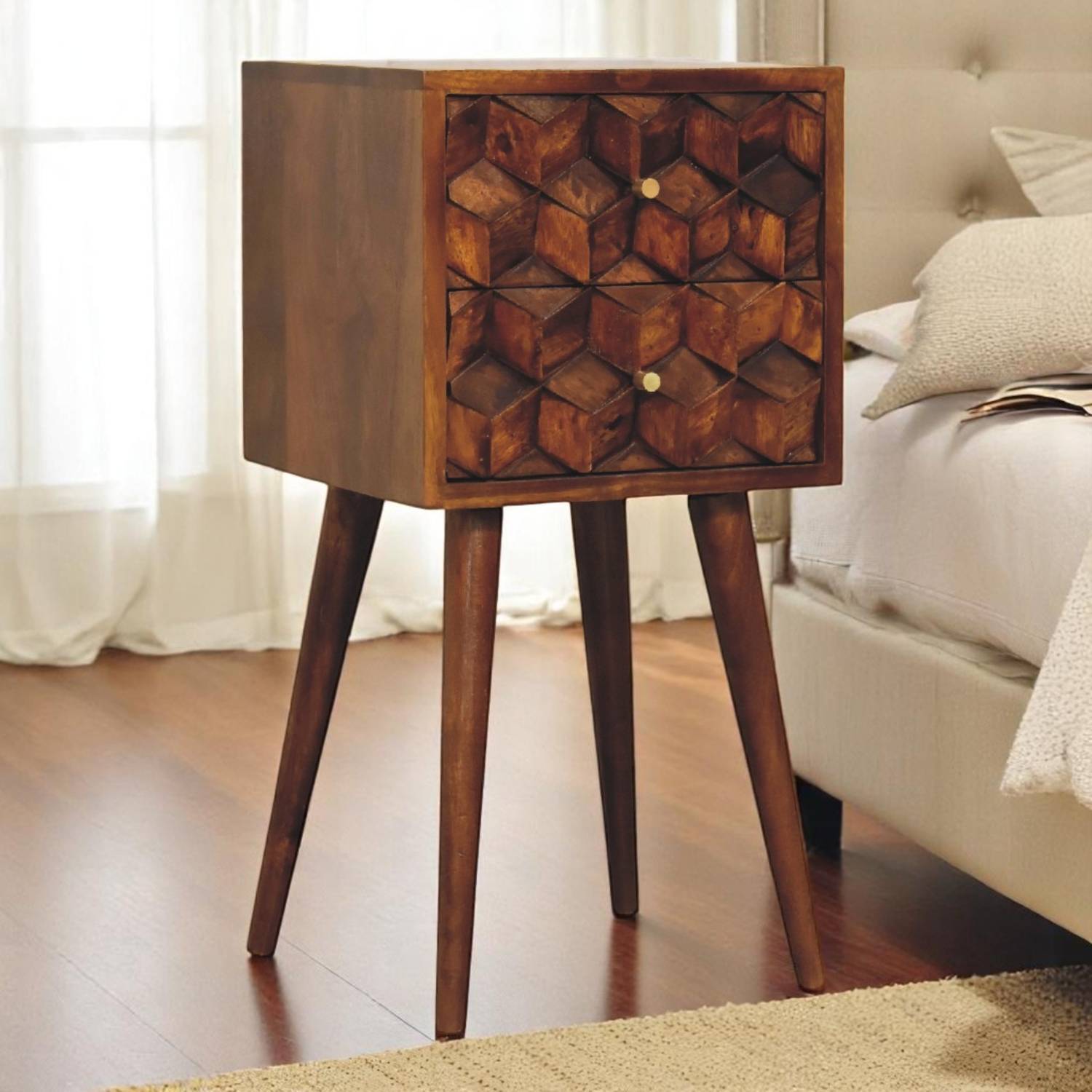 Artisan Furniture Solid Wood Mini Chestnut Cube 2 Drawer Bedside - Brown