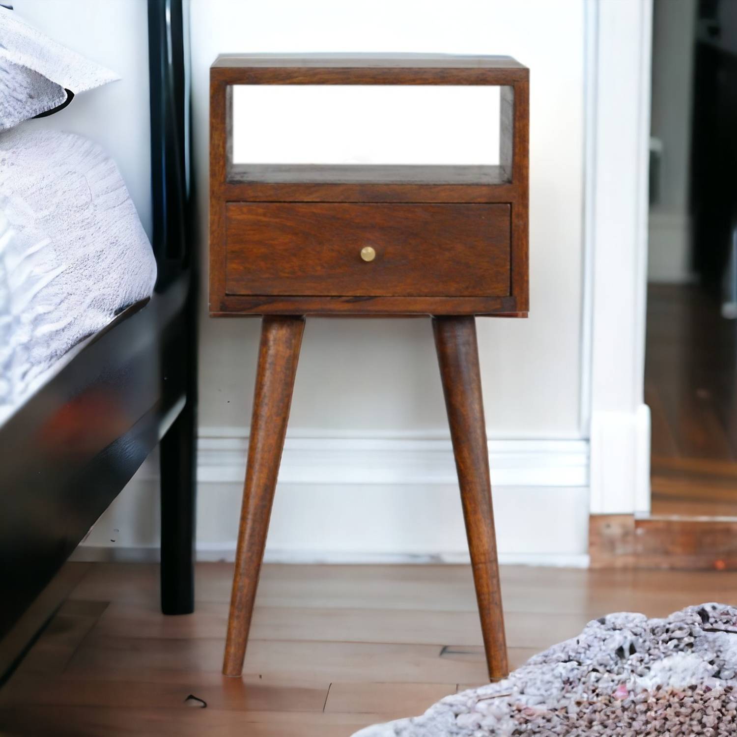 Solid Mango Wood Mini Chestnut Bedside-1 Drawer and 1 Open Shelf - Brown