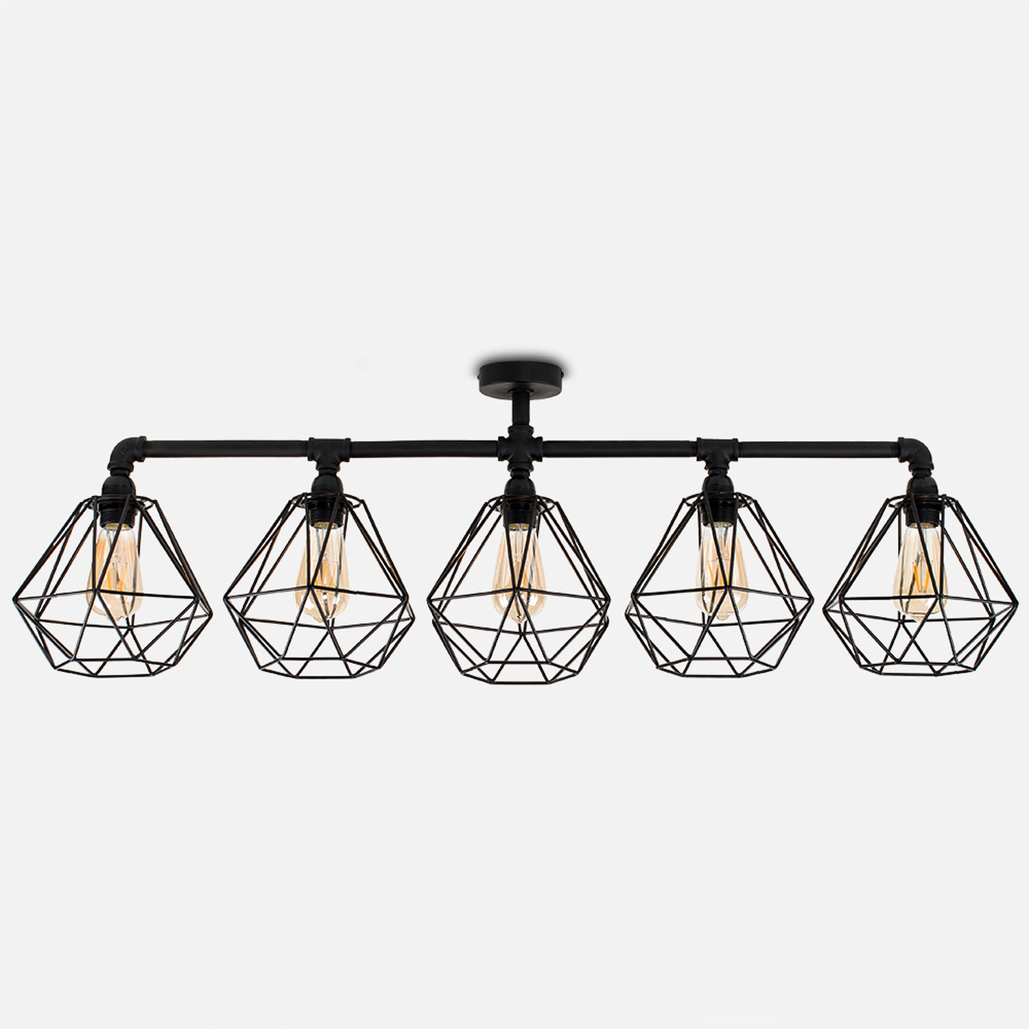 Valuelights Luiggi 5 Way Satin Black Pipework Bar Ceiling Light With Copper Basket Cage Shades - Black / 24Cm