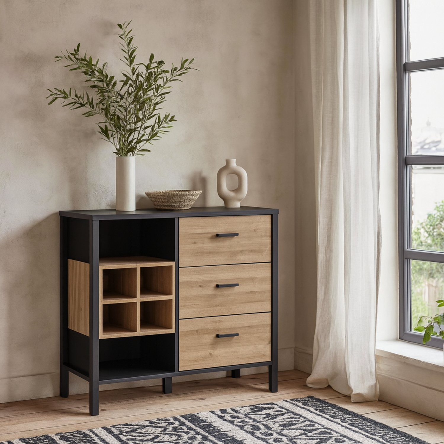 Yokohama 3 Drawer Display Chest Matt and Riviera - Matt Black and Riviera Oak
