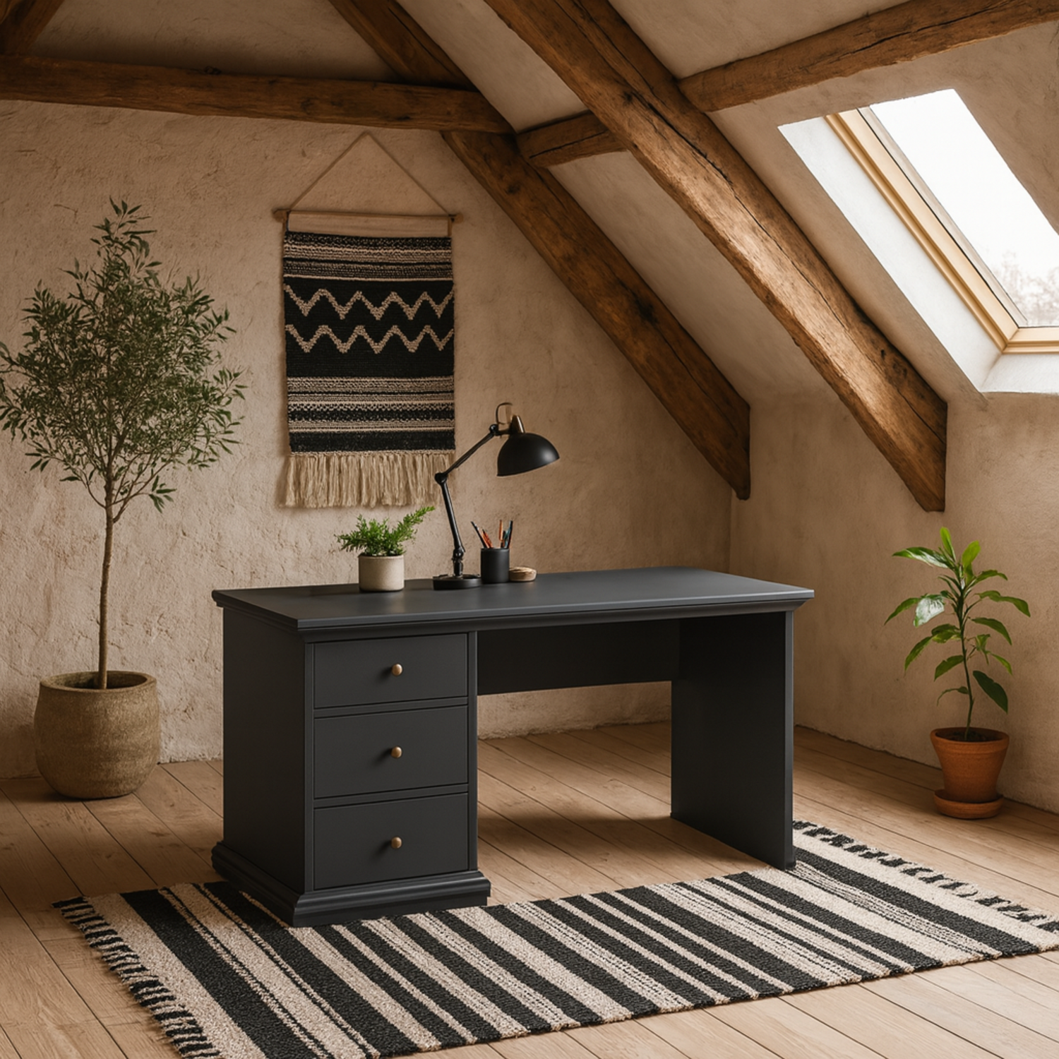 Osaka Farmhouse Desk Charcoal 3 Drawers - Charcoal