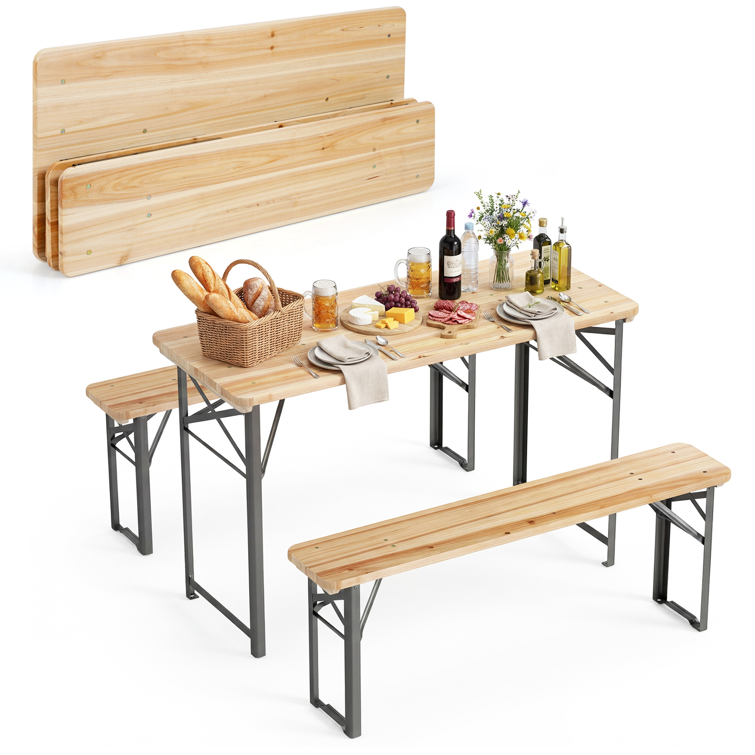 3 Piece Folding Picnic Table with Benches - Black