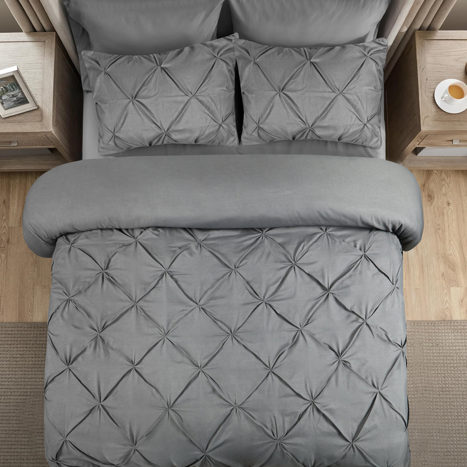 Elegant Pintuck Duvet Cover Set - Grey Double