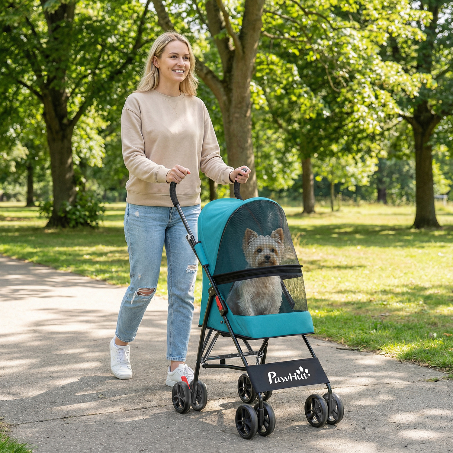 PAWHUT Foldable Dog Stroller with Mesh Windows for Mini Dogs in Aqua - Image 4