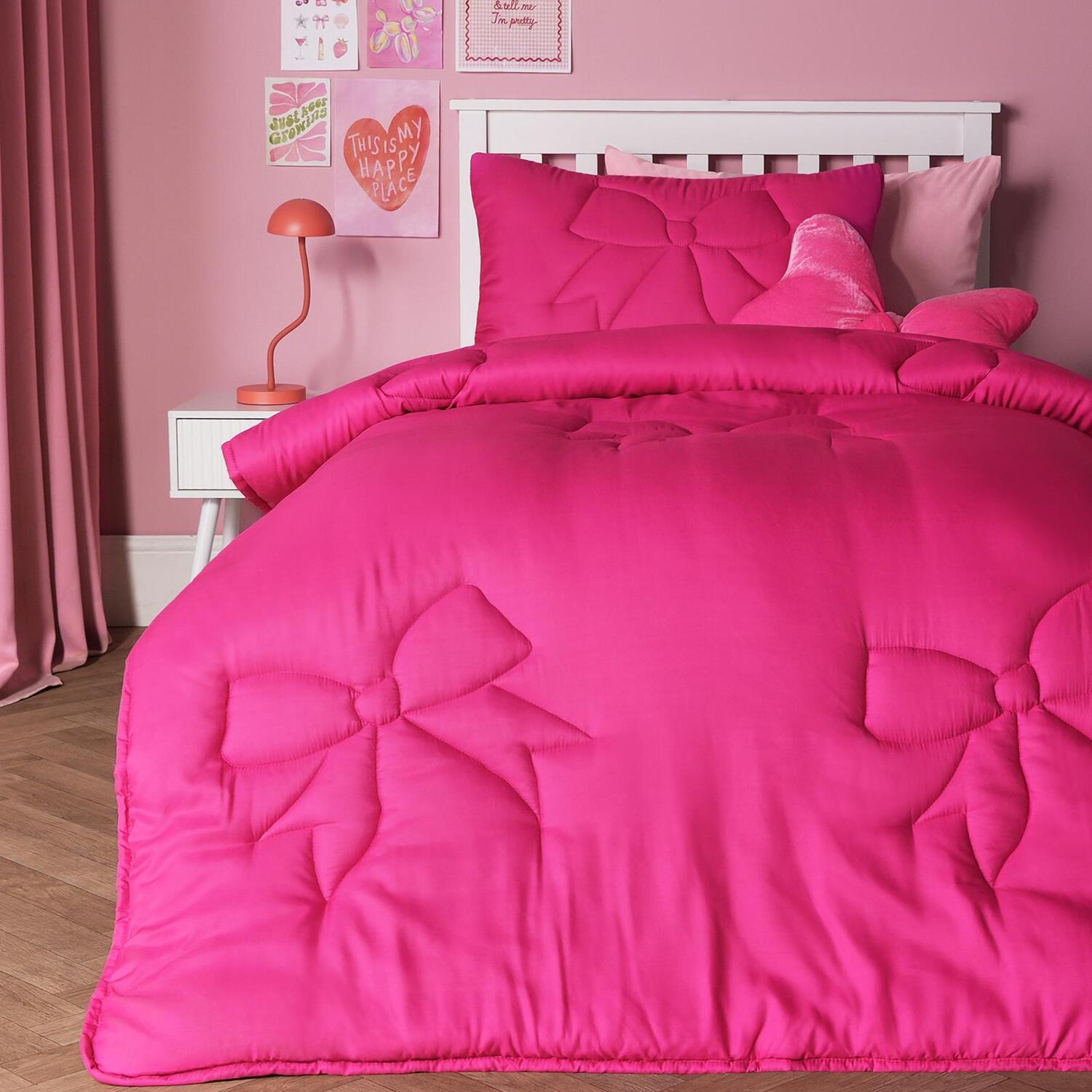OHS Bow Quilted 7.5 Tog Coverless Duvet with Pillowcase Bedding Set in Bright Pink | Size: Single