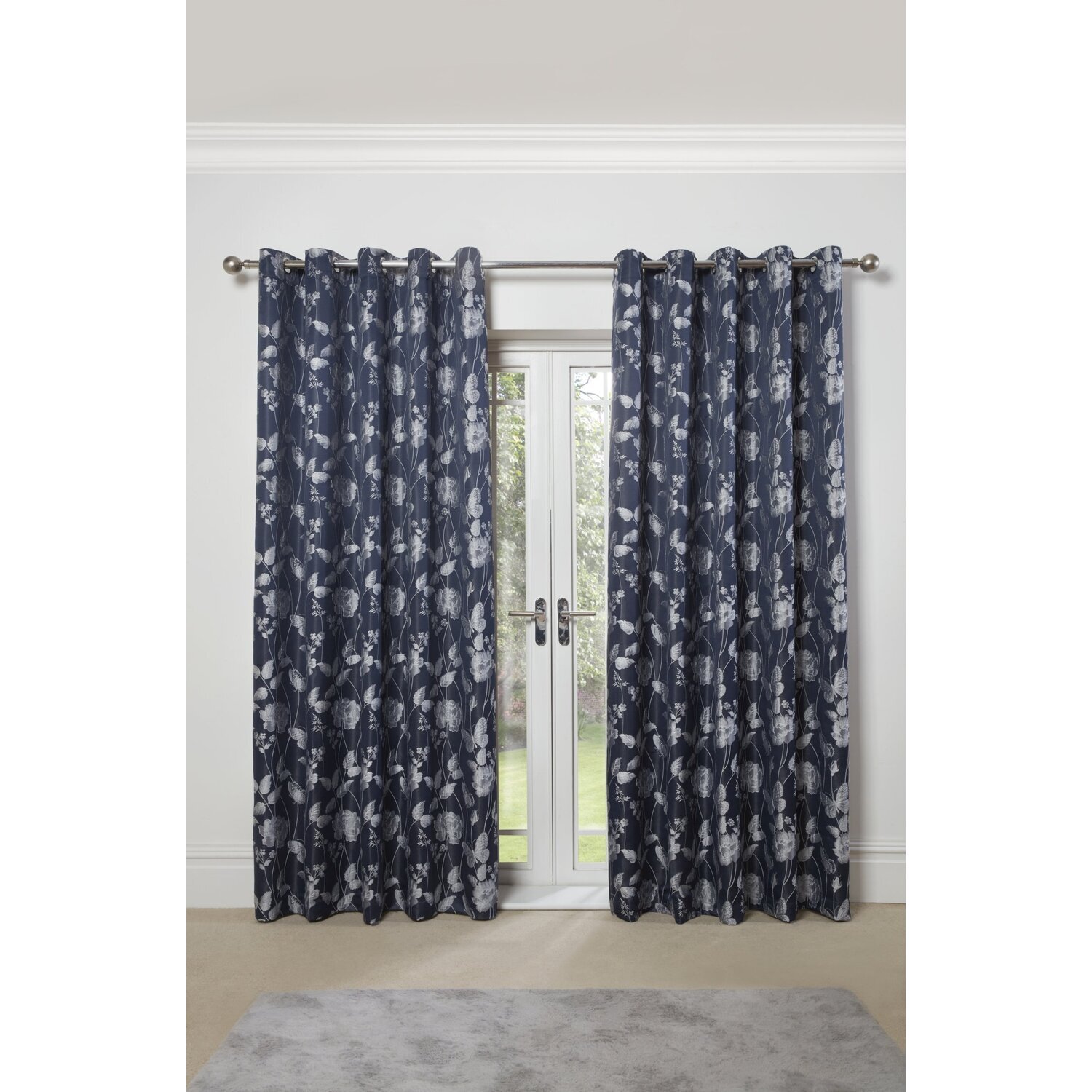 Meadows Lined Eyelet Jacquard Curtains - Navy / 168cm / 137cm