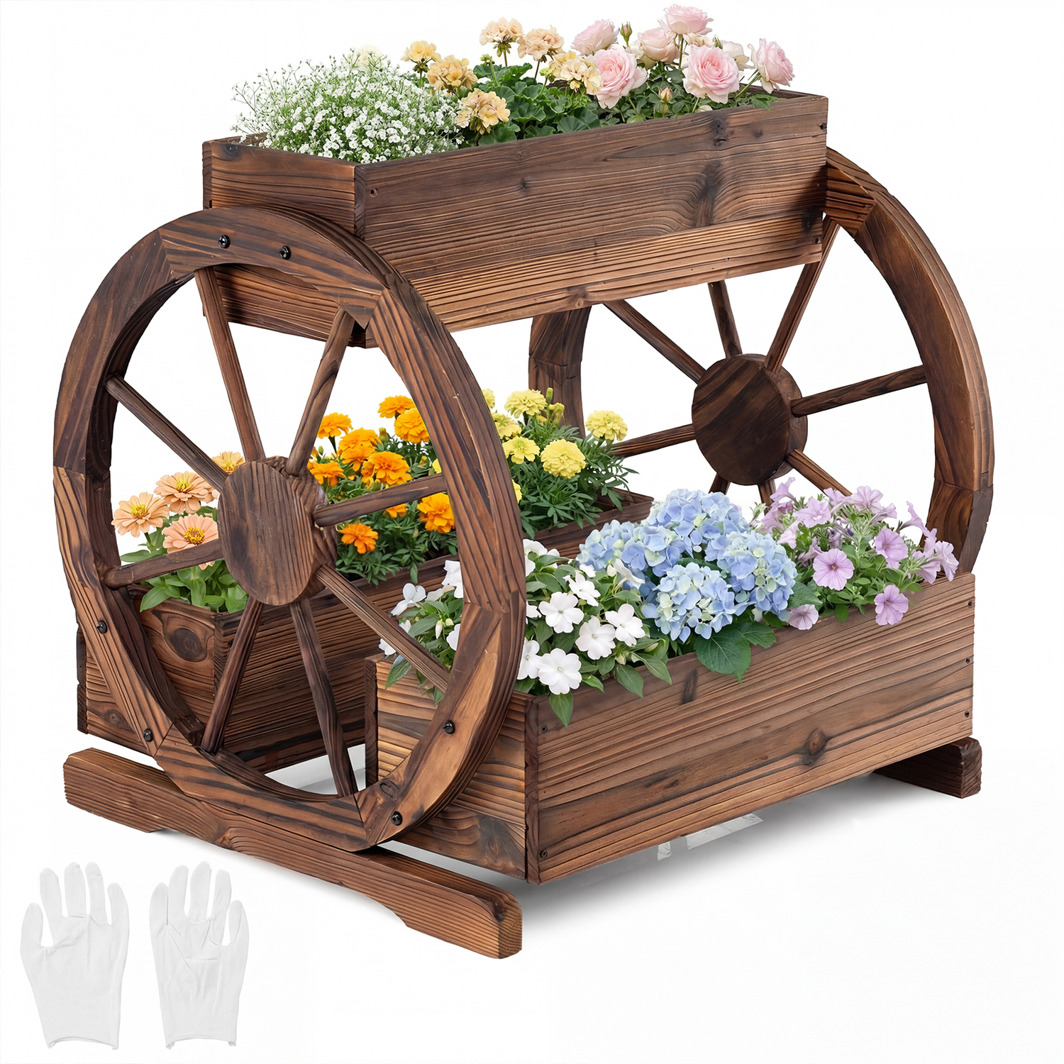 Costway Wood Wagon Planter With 3 Growing Boxes - Brown