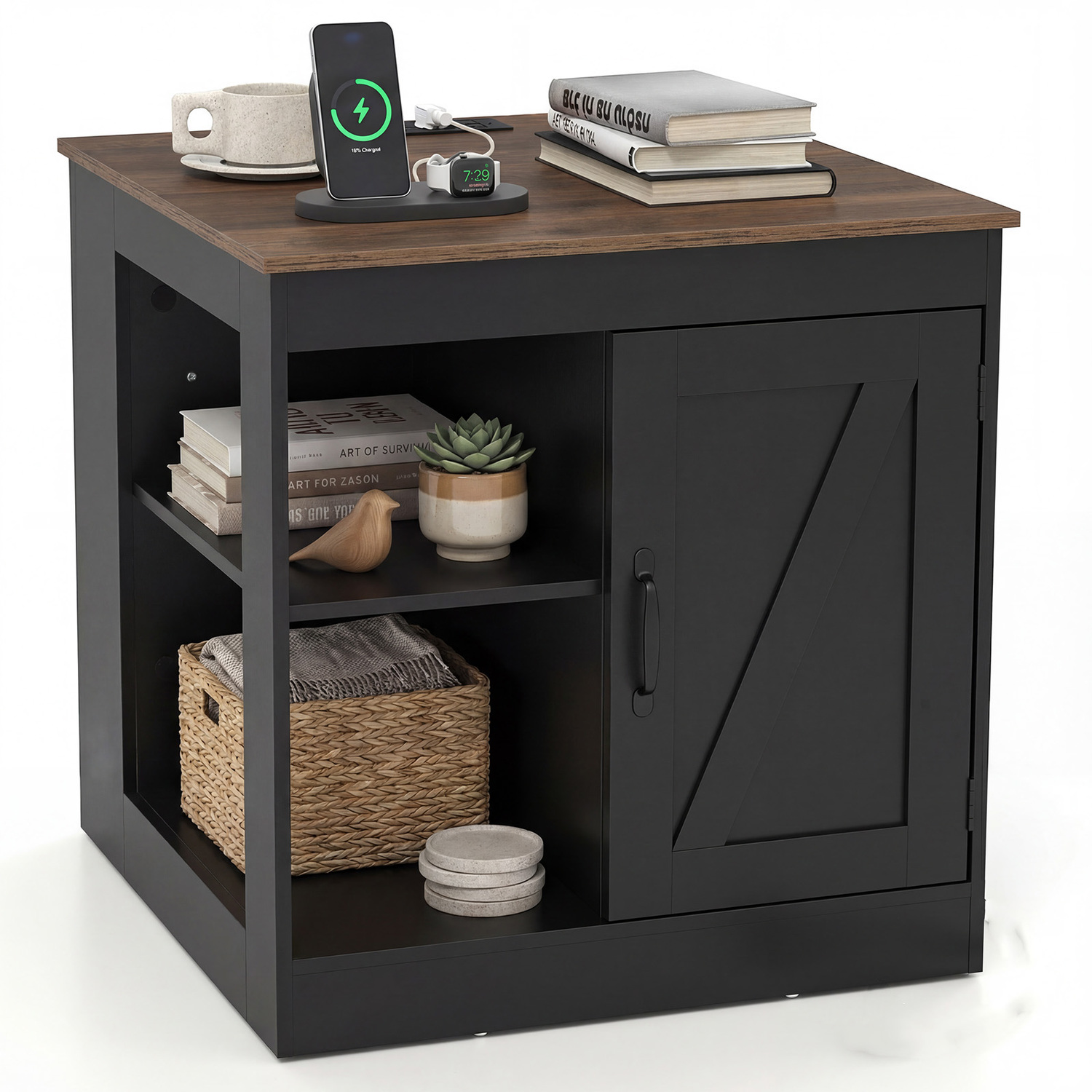 Costway Farmhouse Nightstand With Charging Station - Black