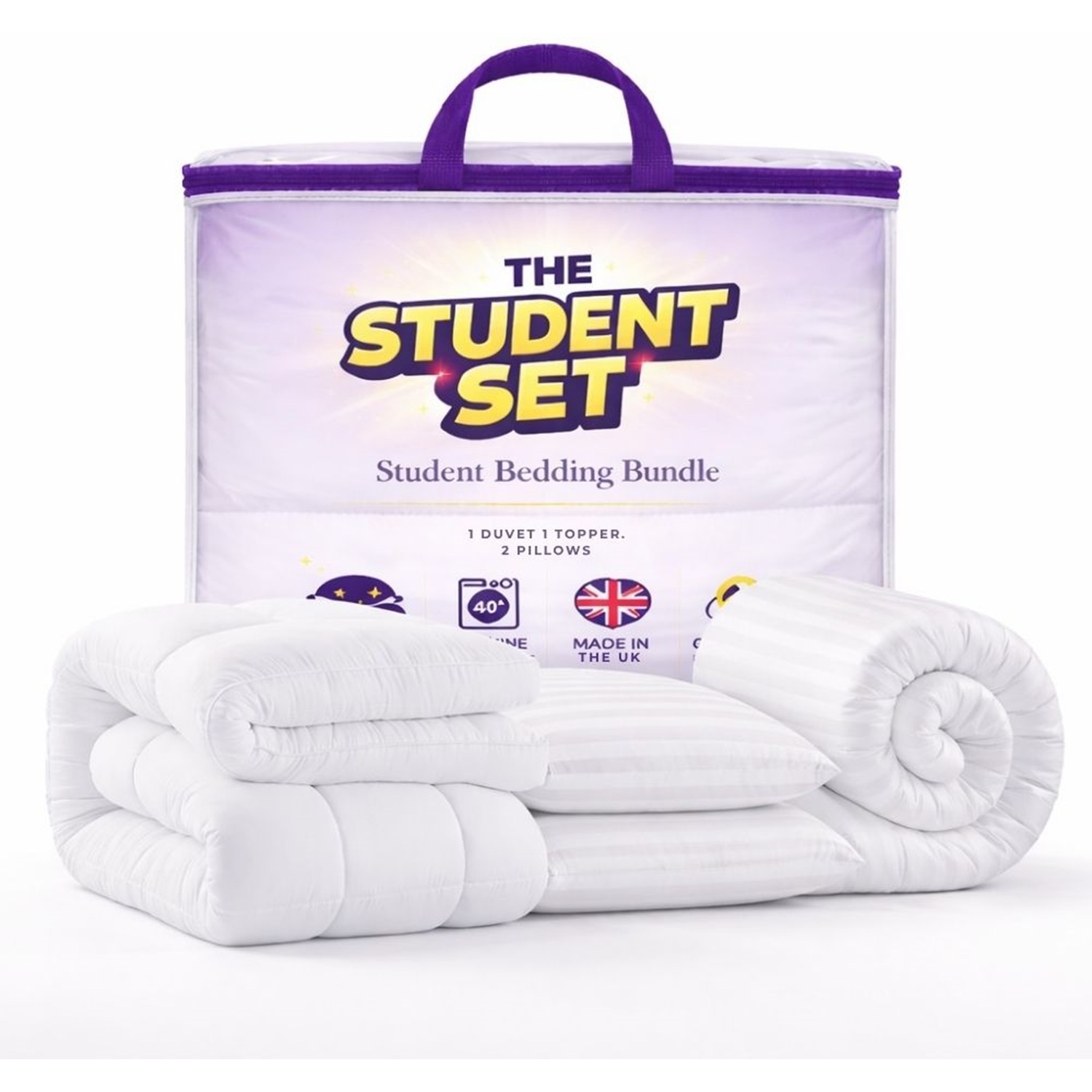 Mhg Living Student Bedding Set With Mattress Topper, Duvet & Pillow - White