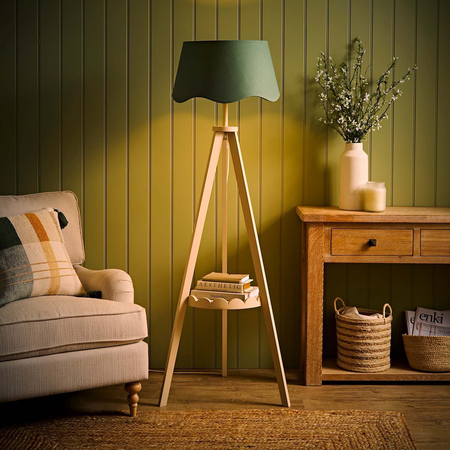 Valuelights Morrigan Cream Wood Scallop Shelf Tripod Floor Lamp - Sage Scallop Shade / No - Sage Green
