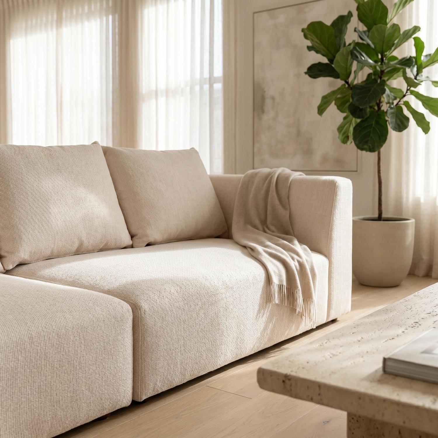 Abakus Direct Tokyo 3 Seater Sofa In Olive Green Brushed Tweed Fabric With Deep Seat - Soft Cream