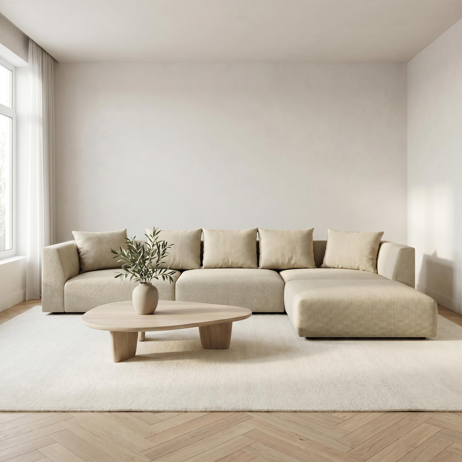 Abakus Direct Tokyo Large Corner Sofa In Warm Beige Basket Weave Fabric With Deep Seat - Warm Beige