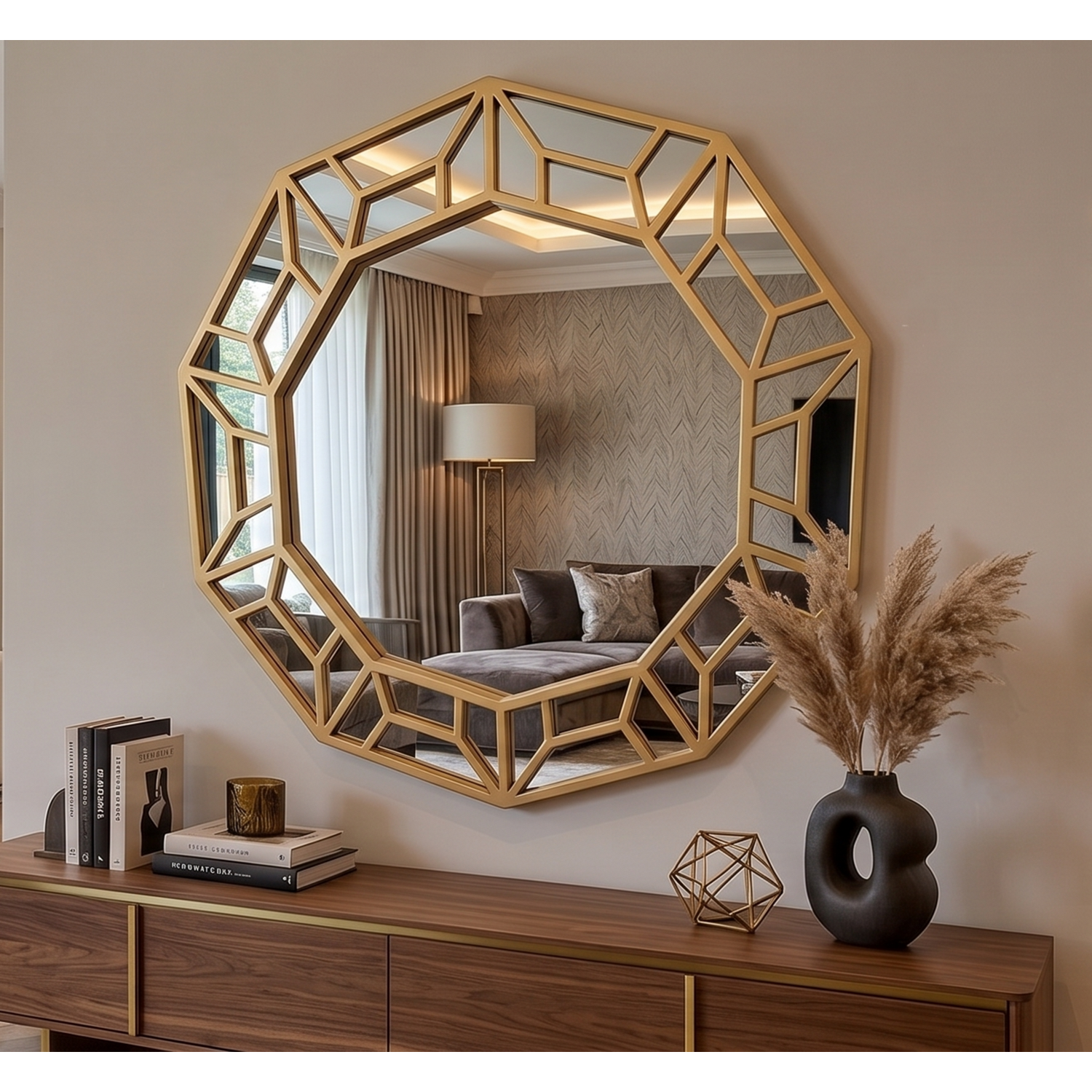 Deenz Decagonal Wall Mirror Gold Plastic Geometric Frame 61X57x2cm - Golden