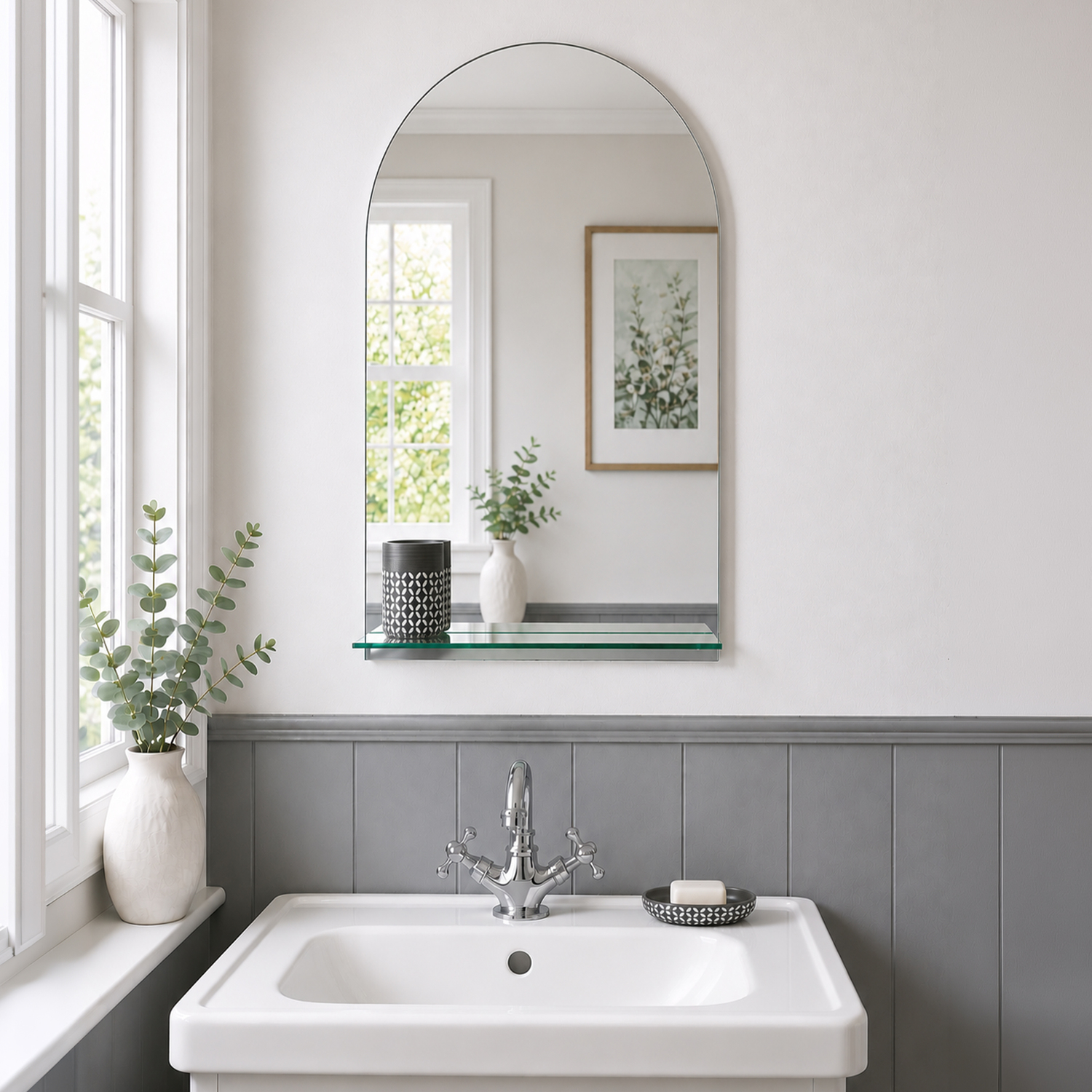 Showerdrape Arched Frameless Bathroom Mirror With Glass Vanity Shelf - Silver