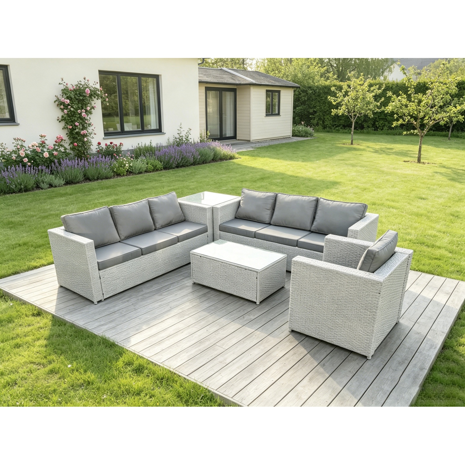 Fimous Unisex Light Grey Outdoor Rattan Garden Furniture Set Corner Sofa Set Oblong Square Coffee Table Armchair In Size 2 - Image 2