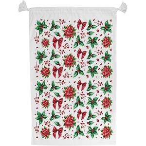Christmas Poinsettia & Holly Present Bag - Novelty Xmas Santa Sack with Drawstring