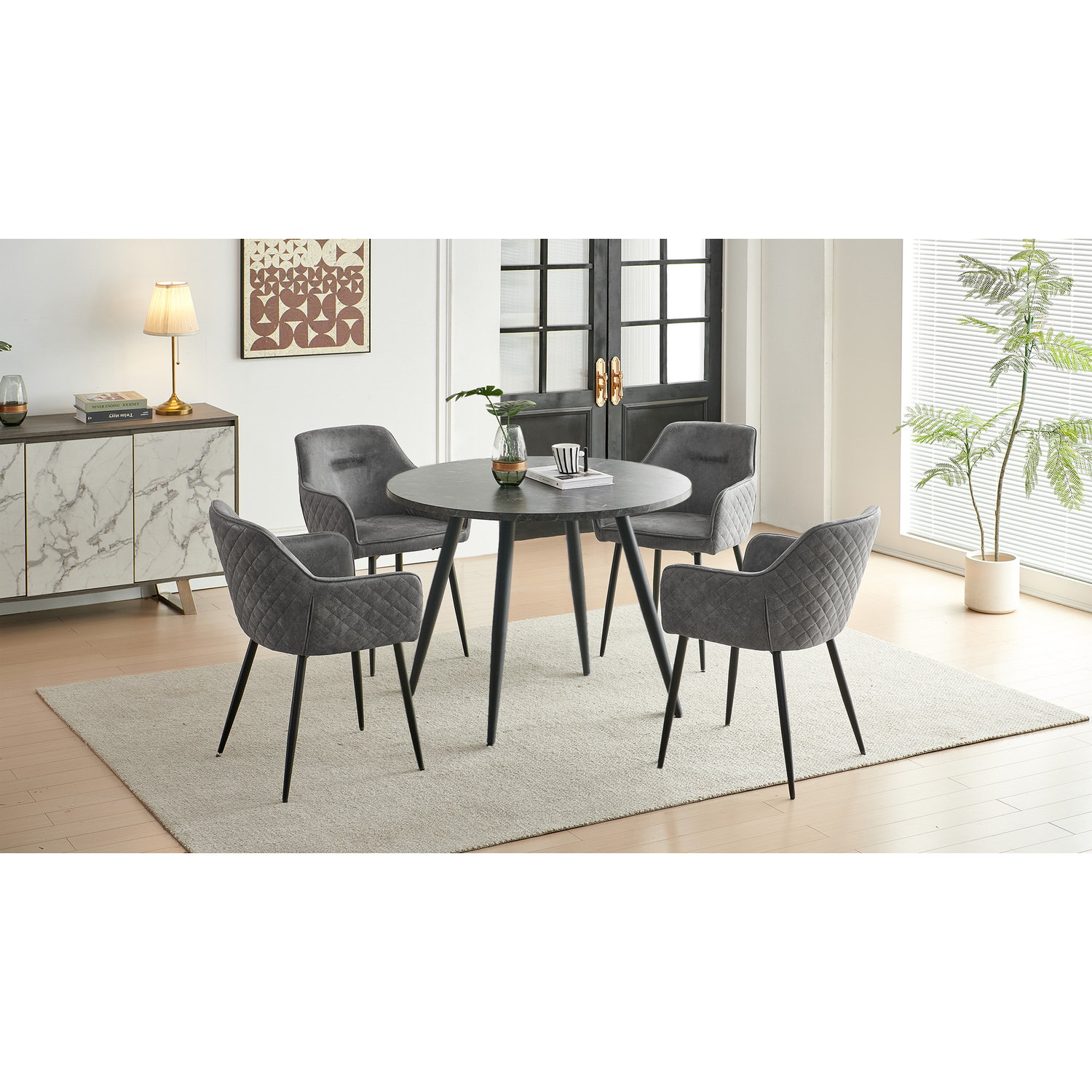 Sonara Black Marble Round Dining Table With 4 Grey Faux Suede Chairs Set - Grey
