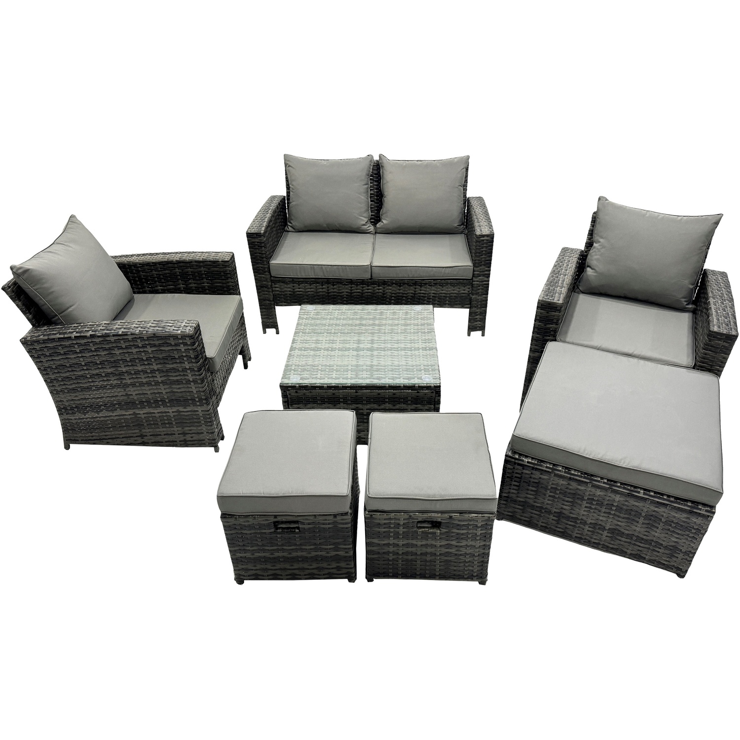 B&Q - 7 Seater Dark Grey Mixed High Back Rattan Sofa Set Square Coffee Table Garden Furniture Outdoor 3 Stools - Image 2