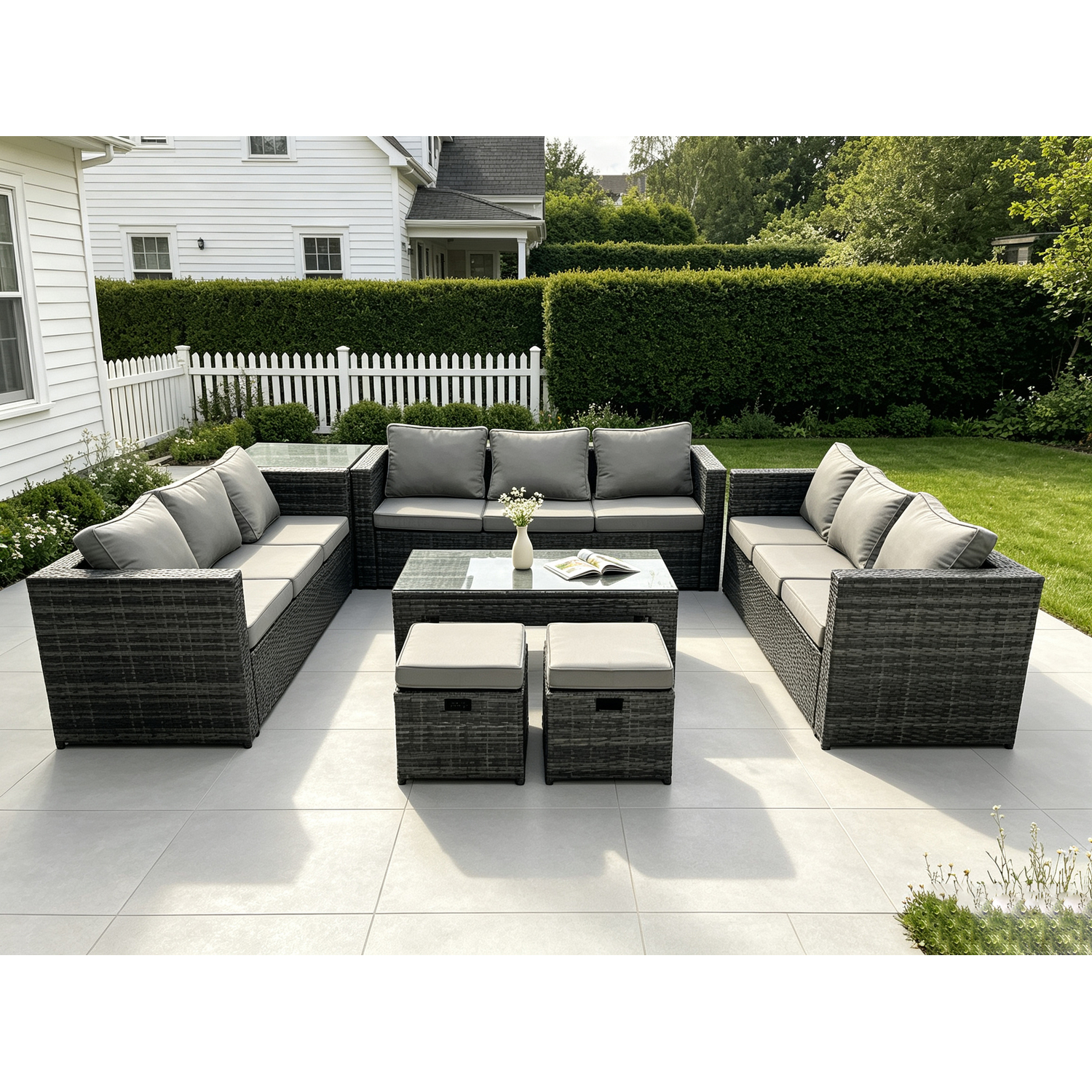 B&Q - Outdoor Rattan Garden Furniture Lounge Sofa Set With Oblong Rectagular Coffee Table 2 Stools And Side Table - Image 2