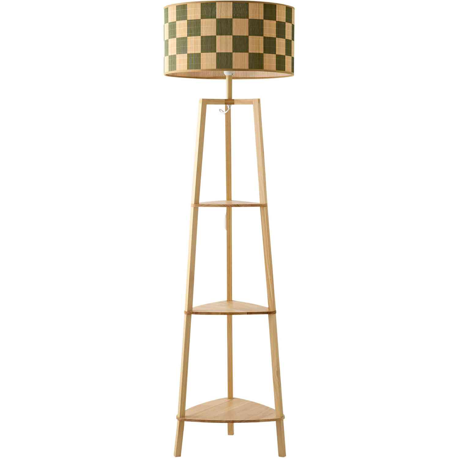 ValueLights Hiru Shelved Tripod Floor Lamp with Patterned Bamboo Lamp Shade & Bulb in Green - Image 3