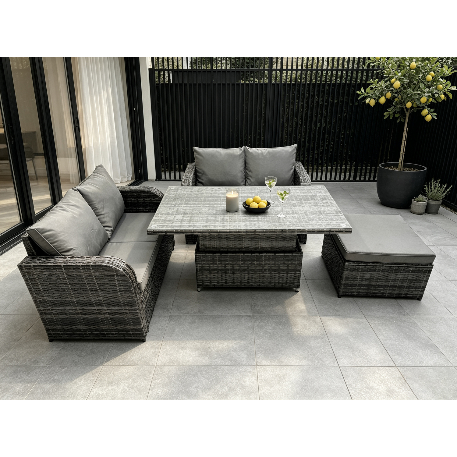 Rackhams Dark/Grey Outdoor Rattan Furniture Garden Dining Set Height Adjustable Rising Lifting Table Love Sofa Set With Big Footstool Mixed - Image 2