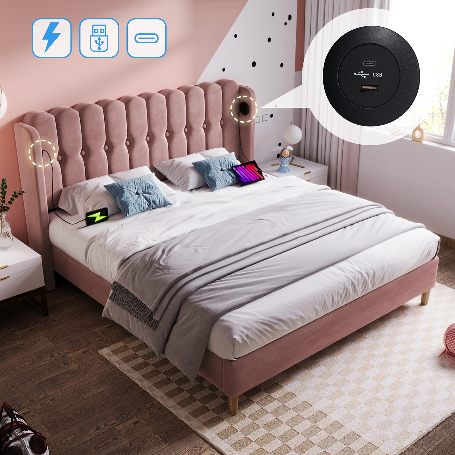 Aka Velvet Bed With Usb & Type-C Charging - Pink
