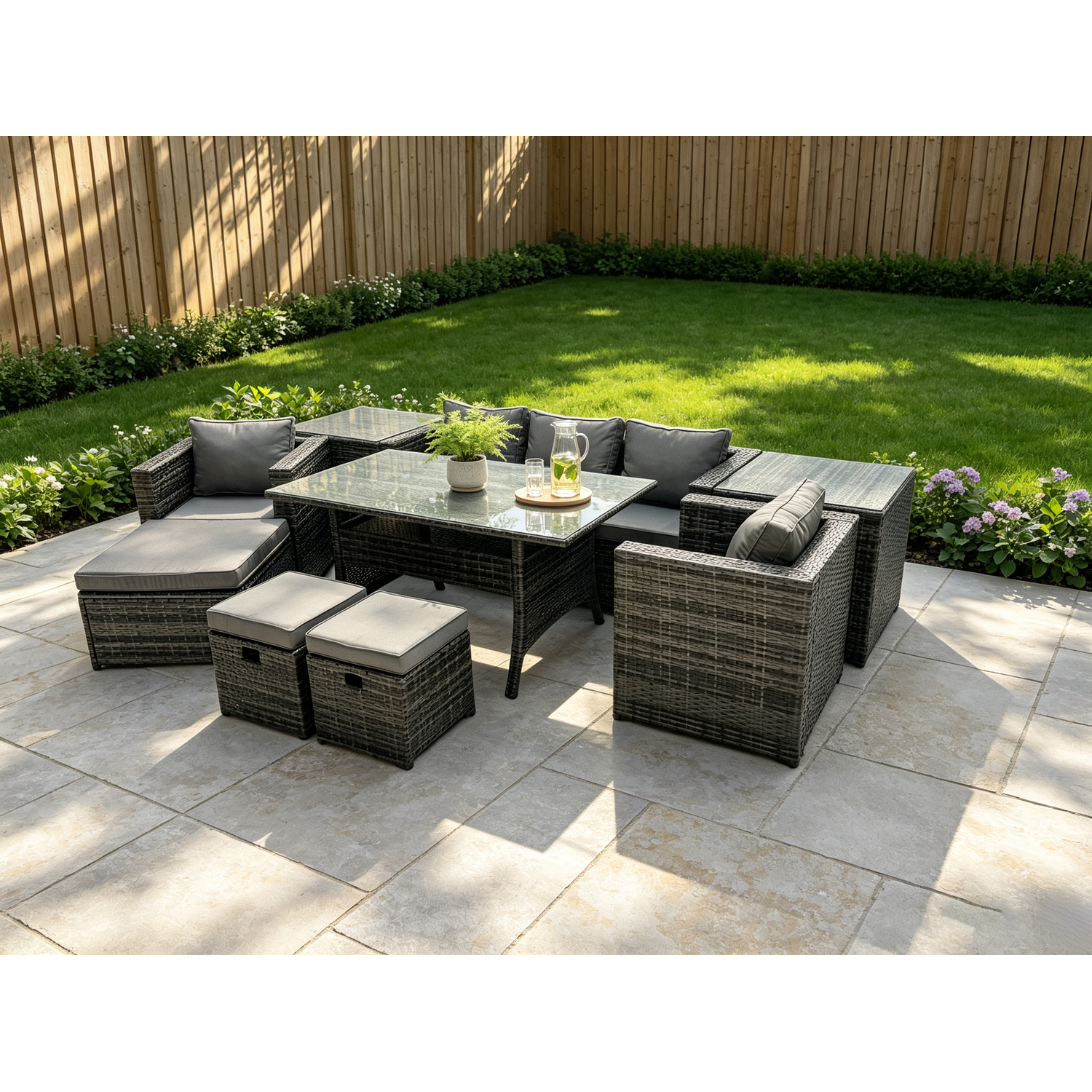 Fimous Unisex Dark Grey Garden Furniture Set Patio Rattan Dining Table Lounge Sofa Chair Footstools In Size 3 - Image 2
